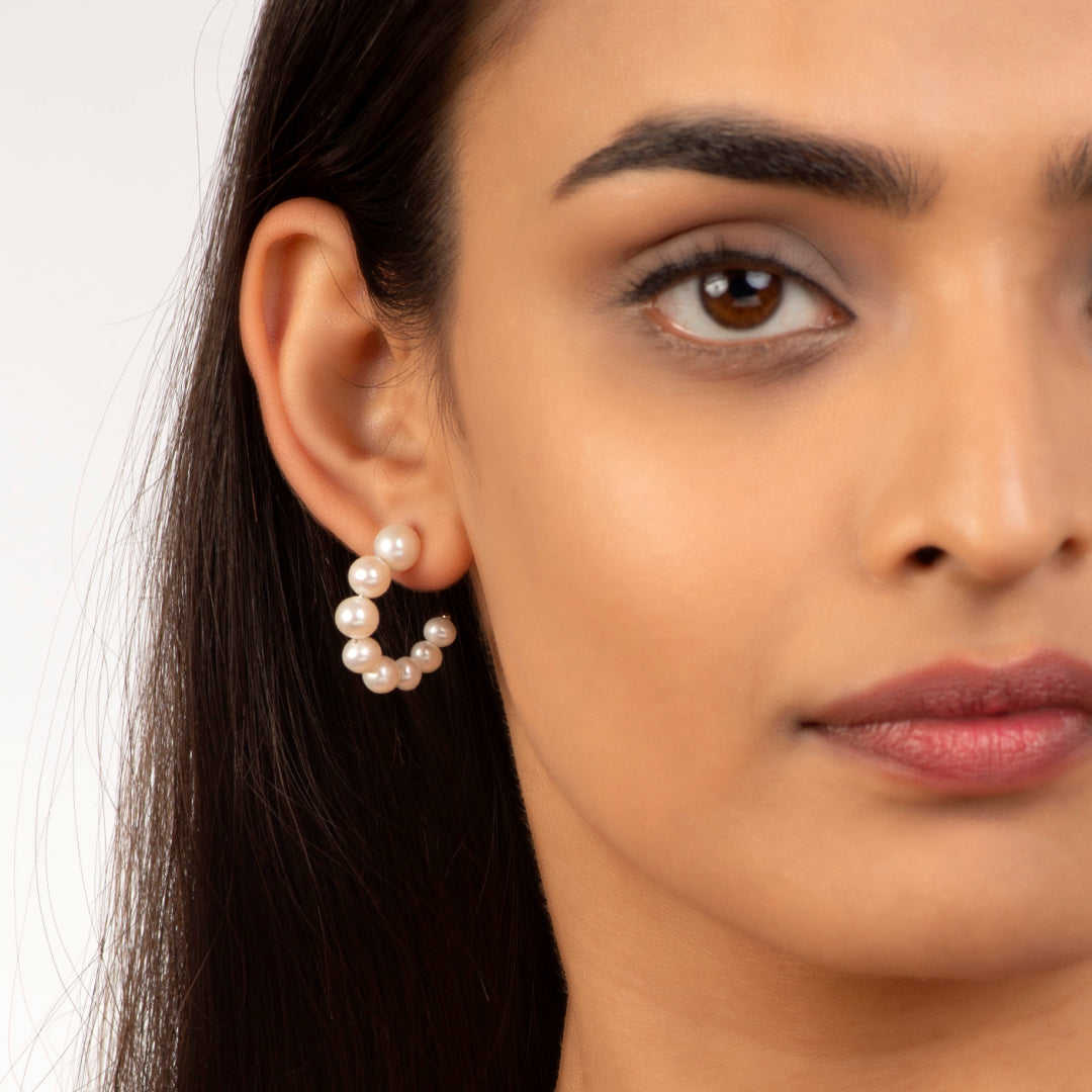 Classic Pearl Round Cufflinks & Pearl Hoop Earrings Set