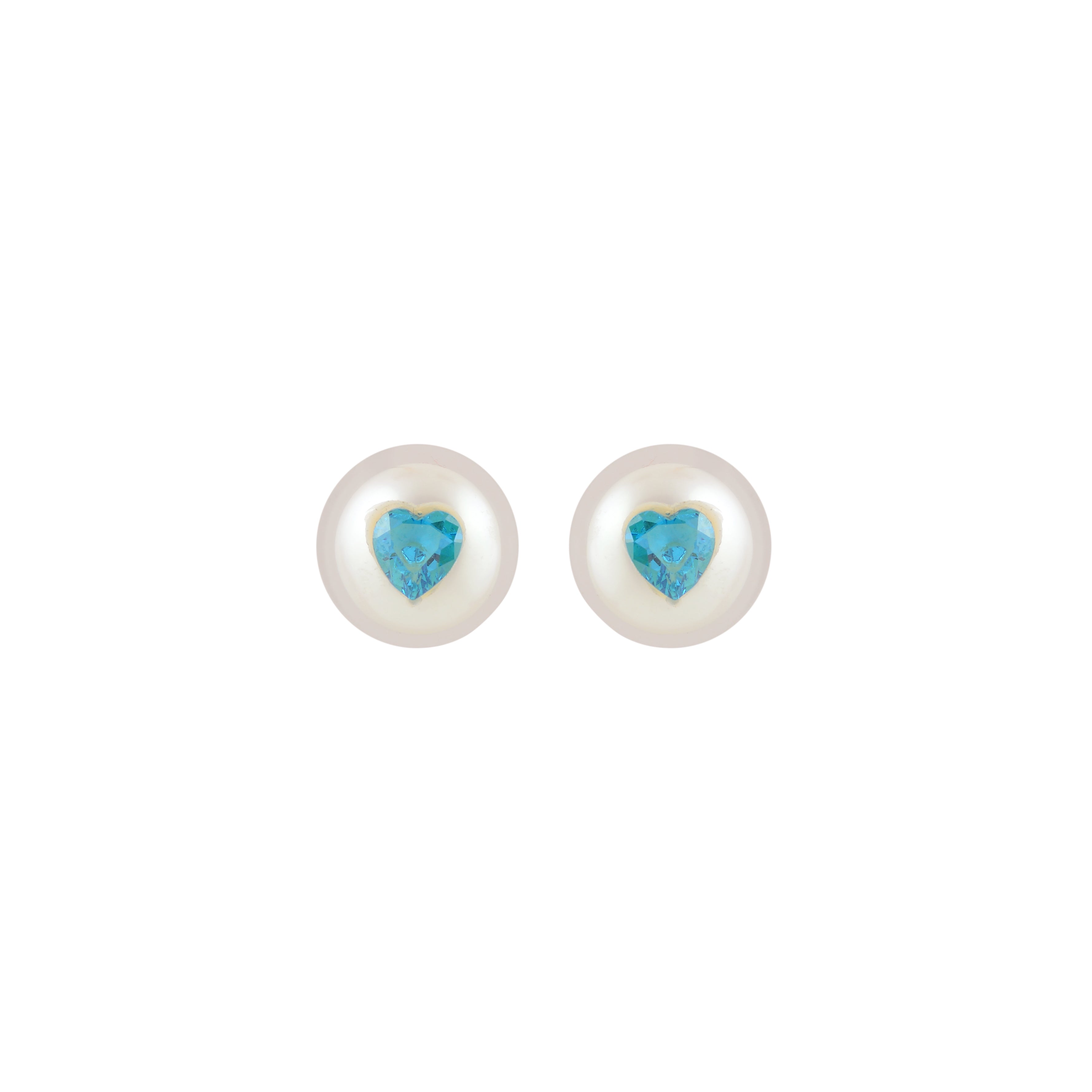 Misty Heart Pearl Studs ( Blue Heart CZ Button Pearl Stud Earrings )