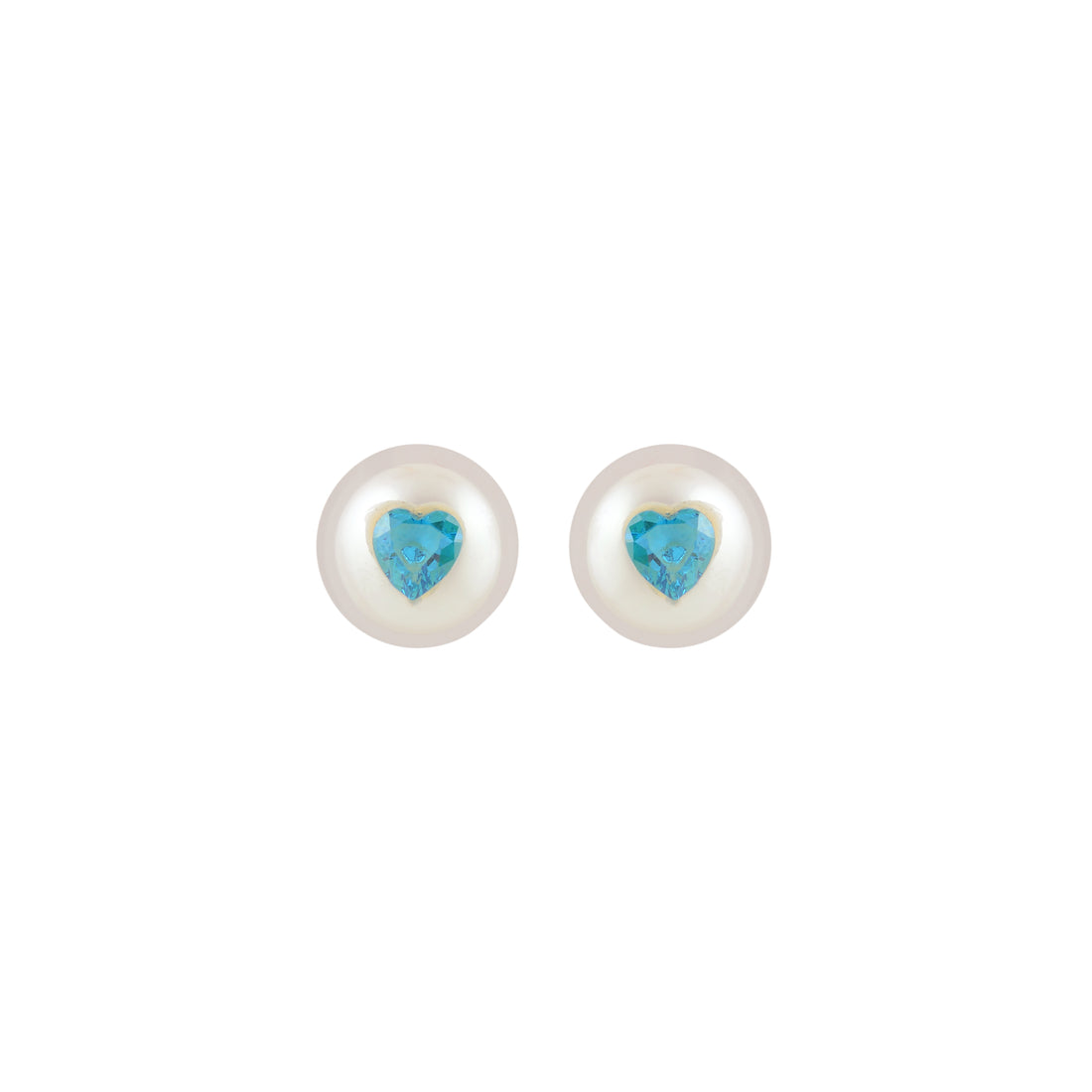 Misty Heart Pearl Studs ( Blue Heart CZ Button Pearl Stud Earrings )