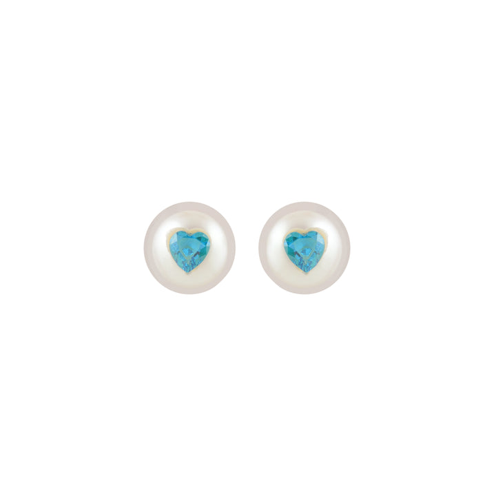 Misty Heart Pearl Studs ( Blue Heart CZ Button Pearl Stud Earrings )