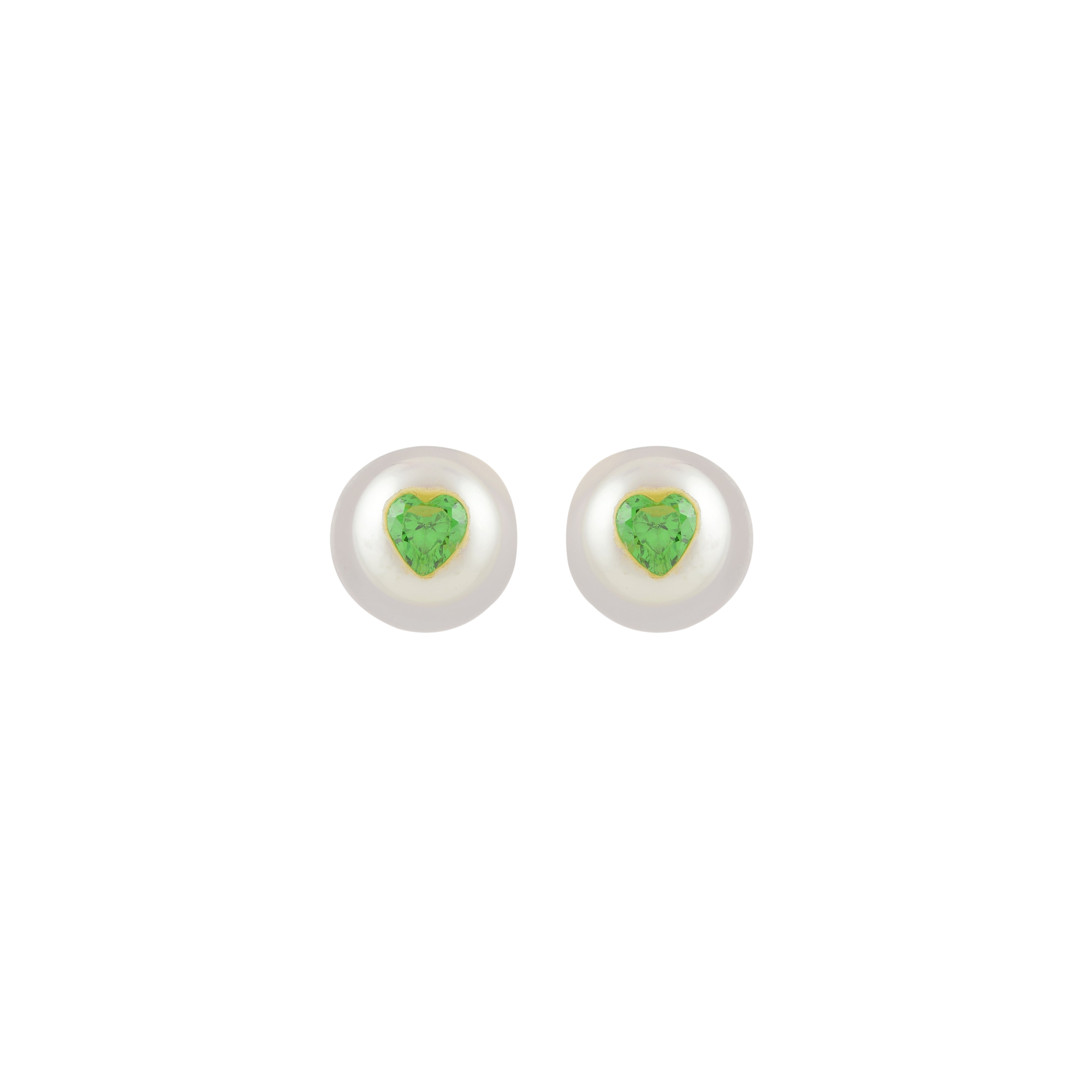 Jade Heart Pearl Studs ( Green Heart CZ Button Pearl Stud Earrings )