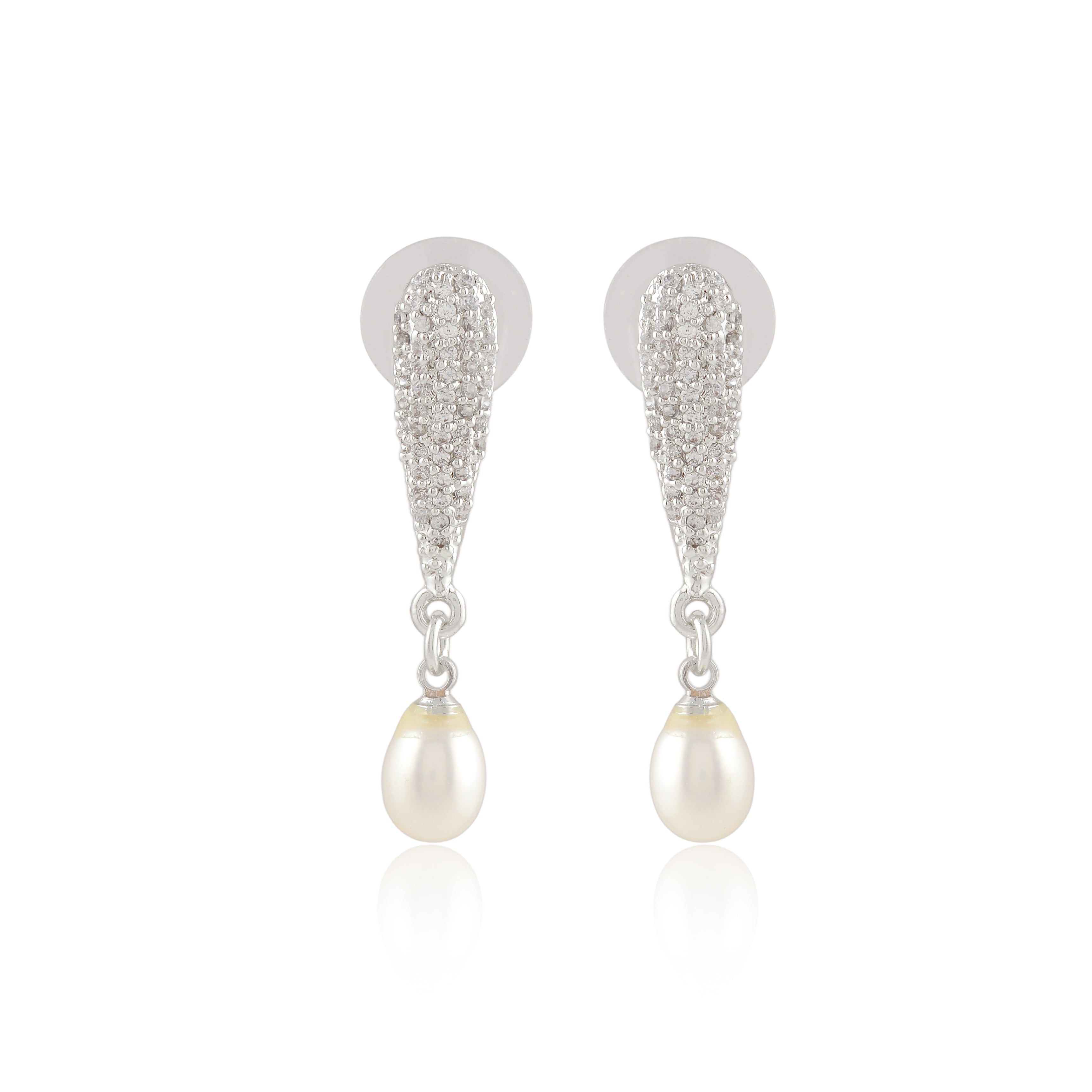 CZ Cascade Pearl Drop Earrings (Freshwater Pearl & CZ Drop Earrings in Silver)