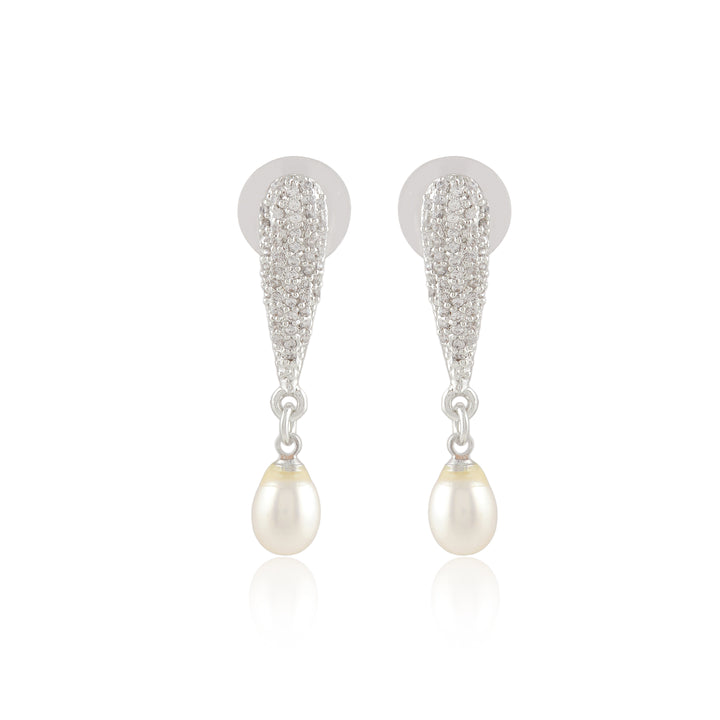 CZ Cascade Pearl Drop Earrings (Freshwater Pearl & CZ Drop Earrings in Silver)