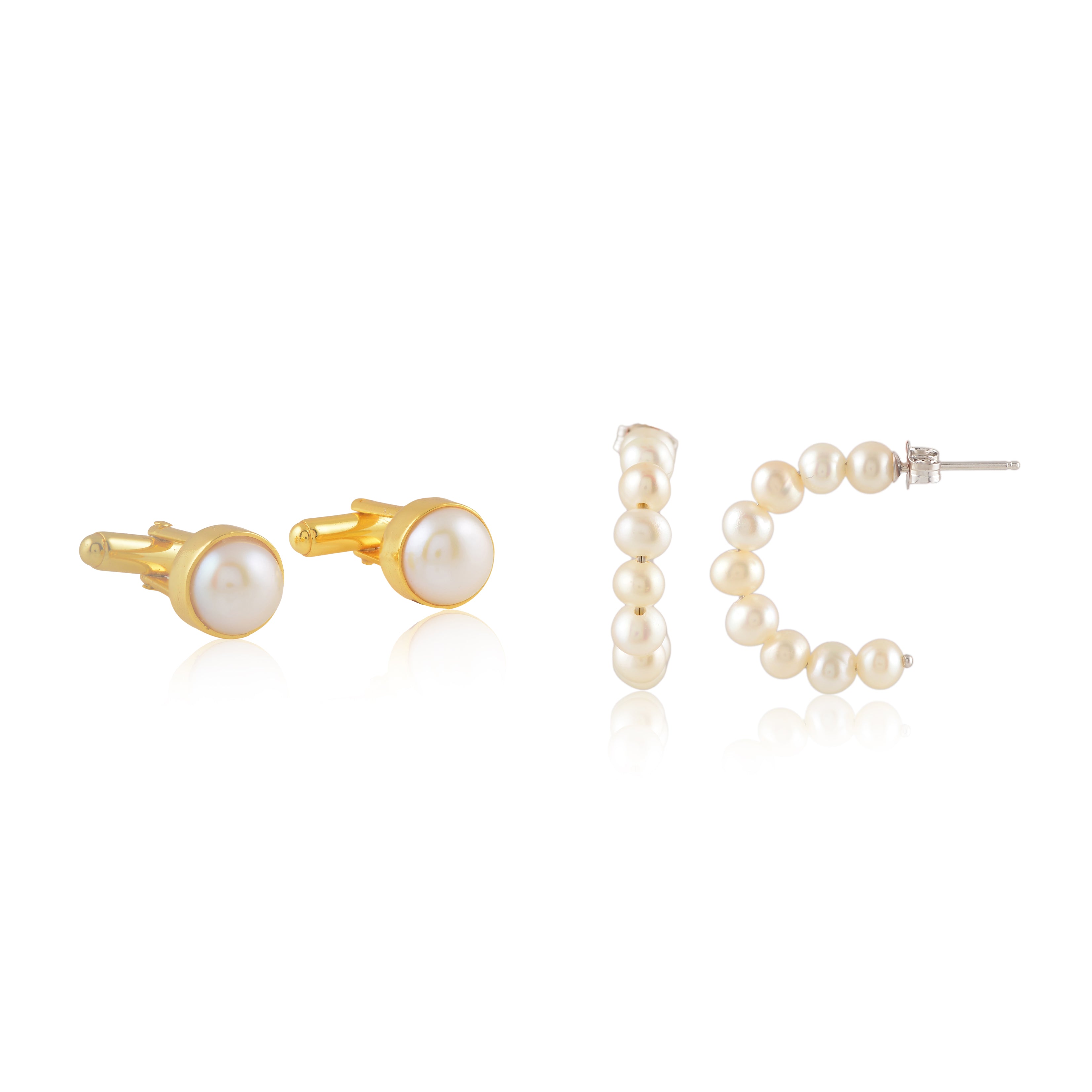 Classic Pearl Round Cufflinks & Pearl Hoop Earrings Set