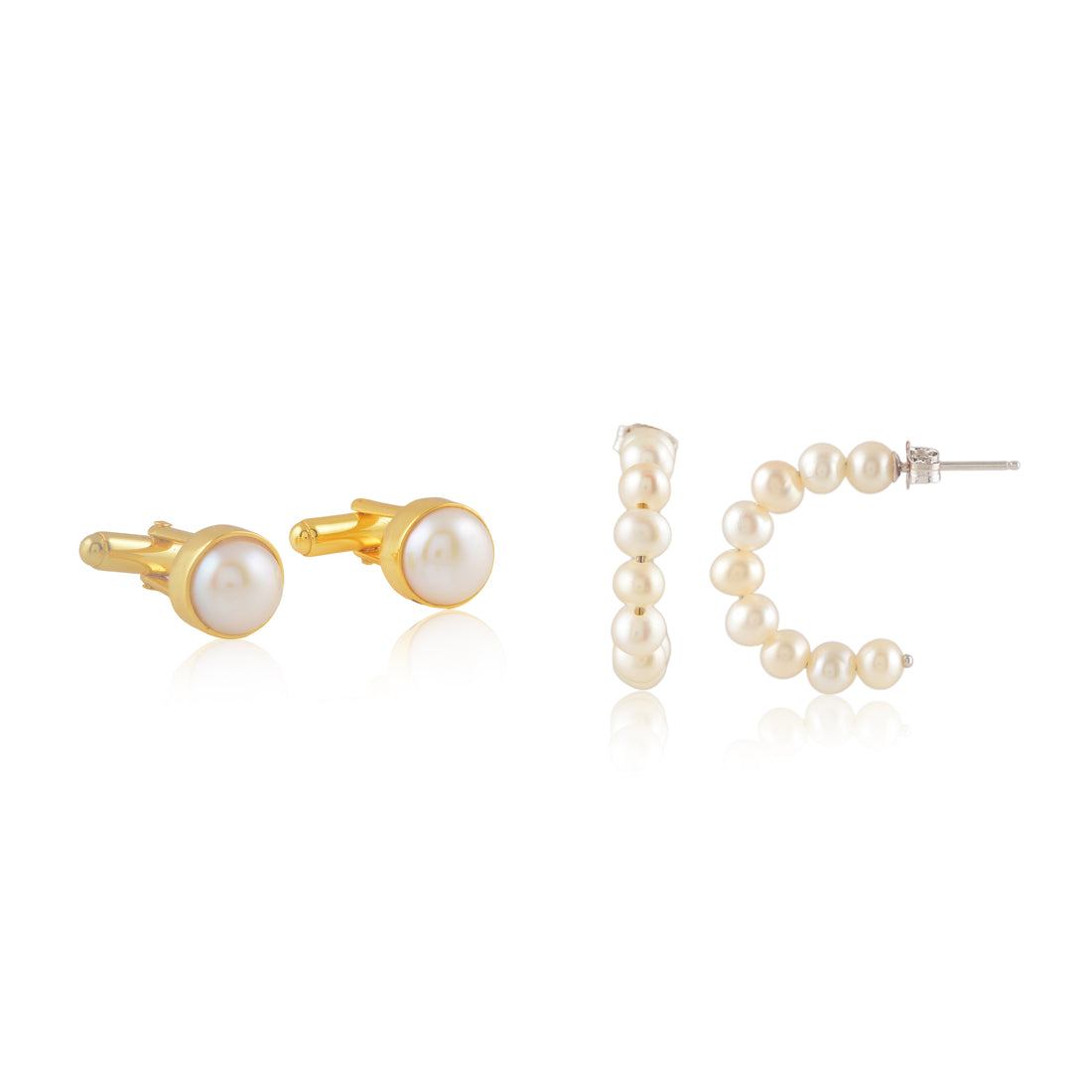 Classic Pearl Round Cufflinks & Pearl Hoop Earrings Set