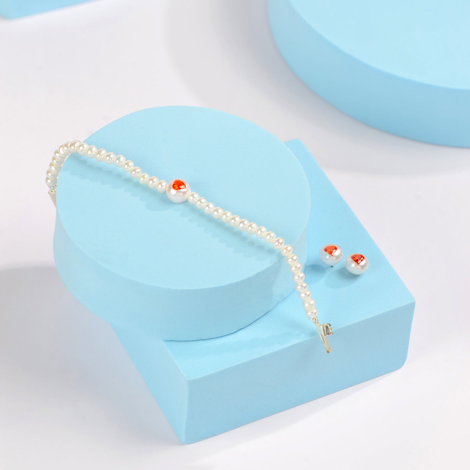 PEARL AMBER Orange Semi Precious Stone & Freshwater pearl bracelet and stud earrings combo