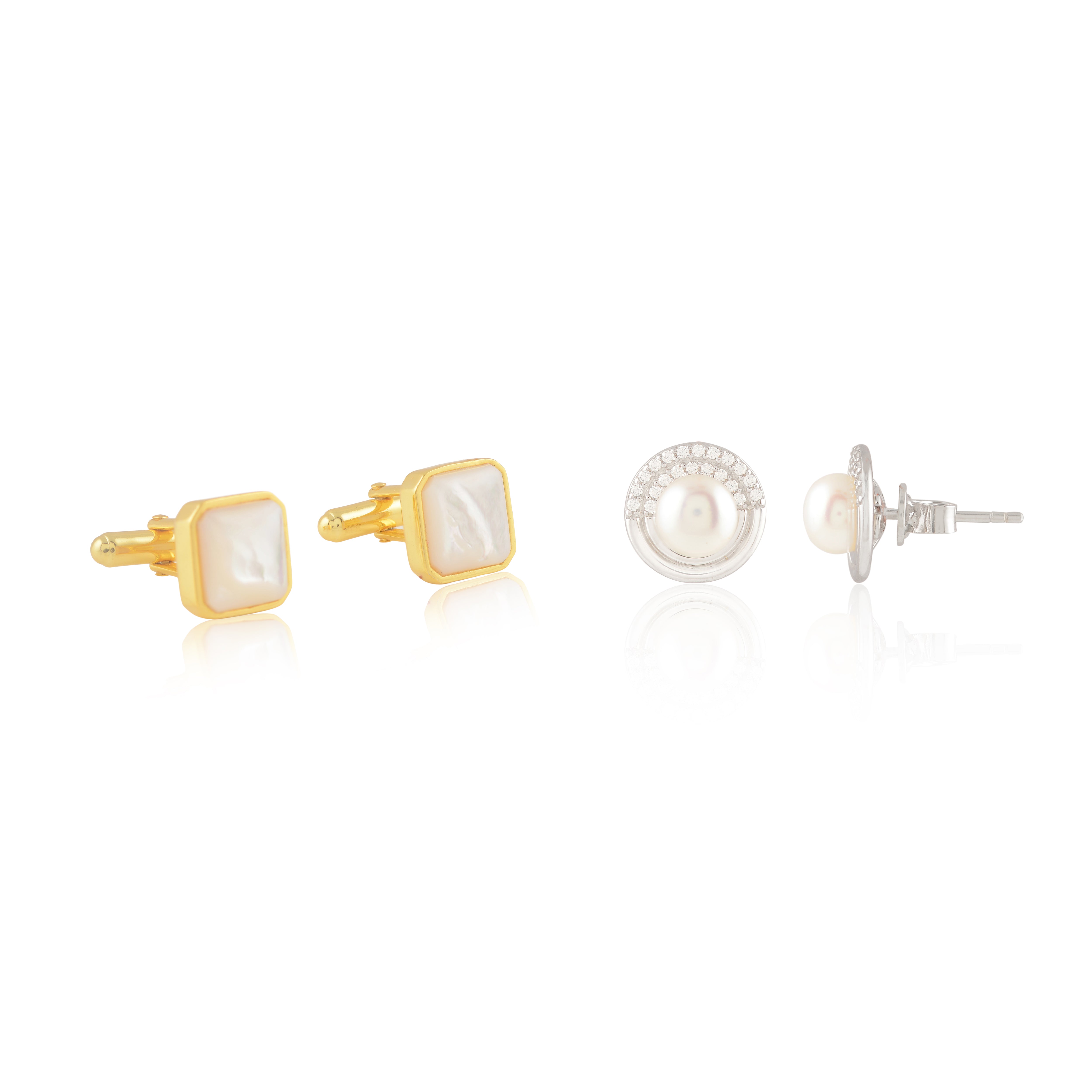 Pearl Emblem Gift Set Pearl Stud Earrings & Square Pearl Cufflinks