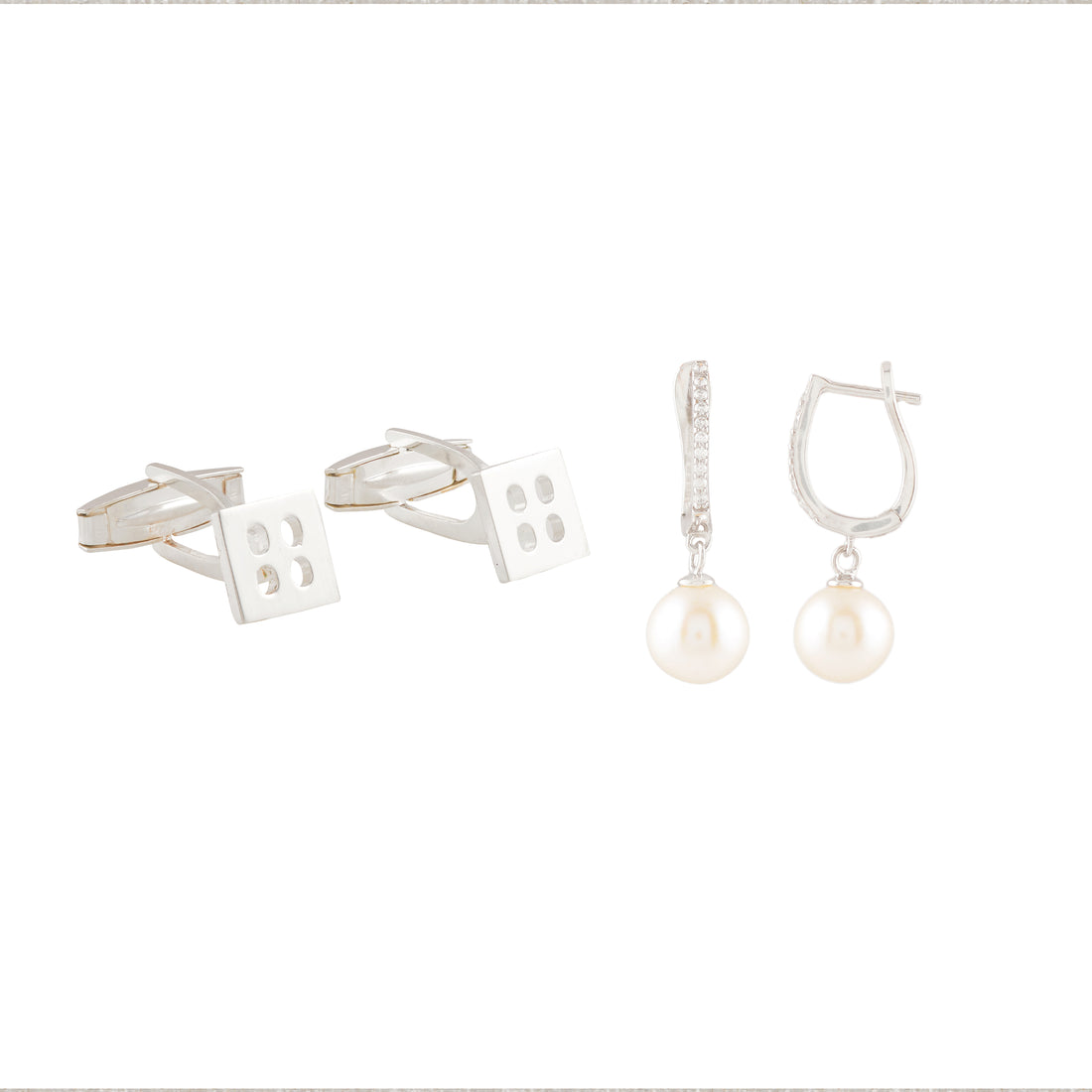 Pearl Linear Dew Gift Set Pearl Drop Earrings & Silver Square Cufflinks