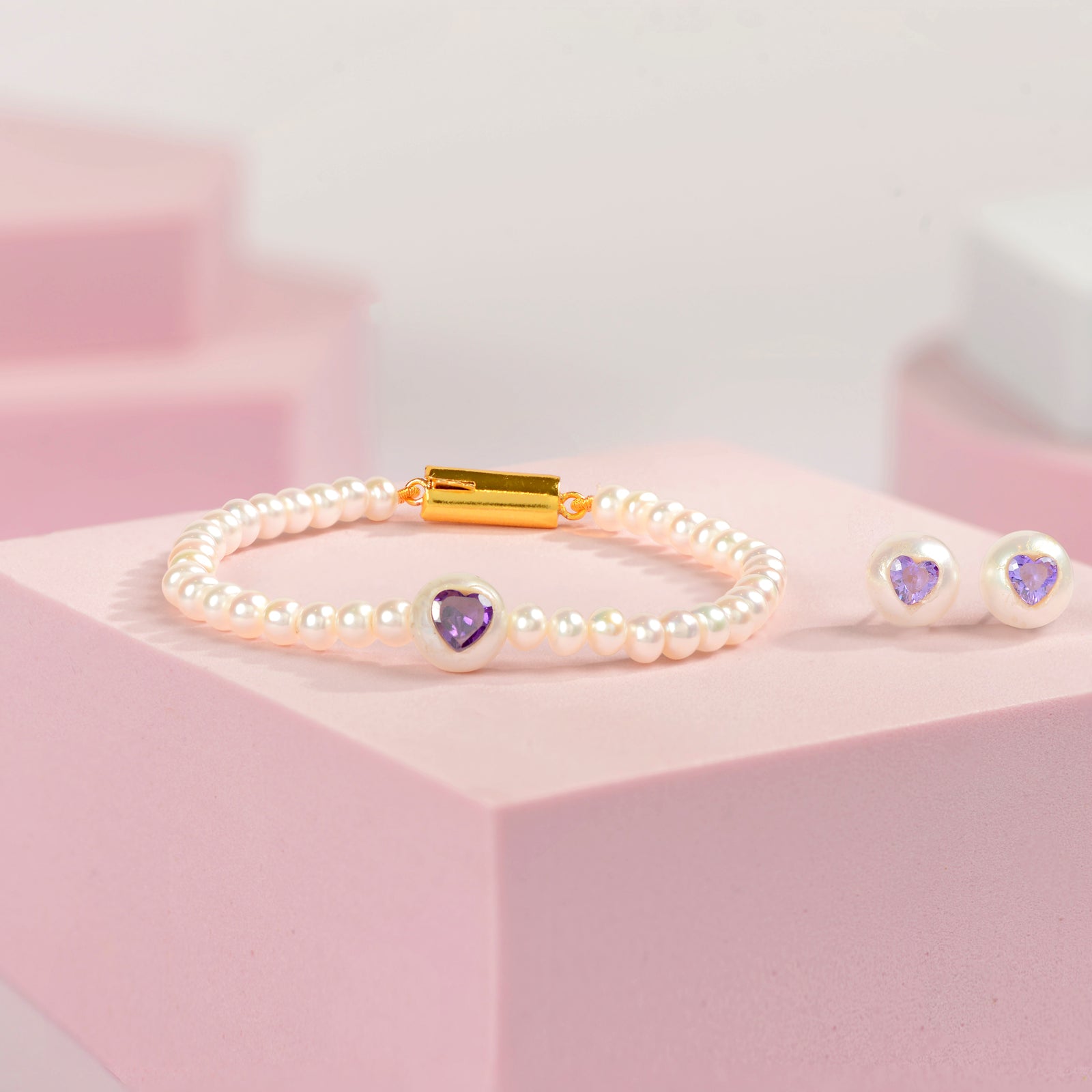 PEARL AMETHYST Purple Heart Shaped Semi Precious Stone & Freshwater pearl  Bracelet & Stud Earrings Combo