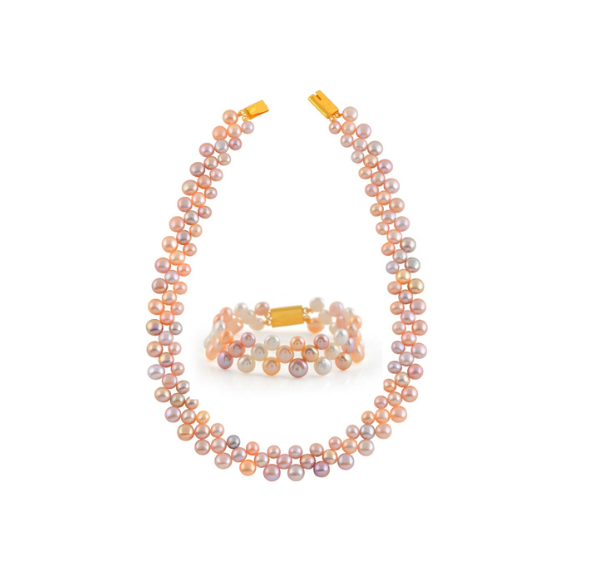 Multishade Pearl Necklace and Bracelet Set in Mesh Pattern