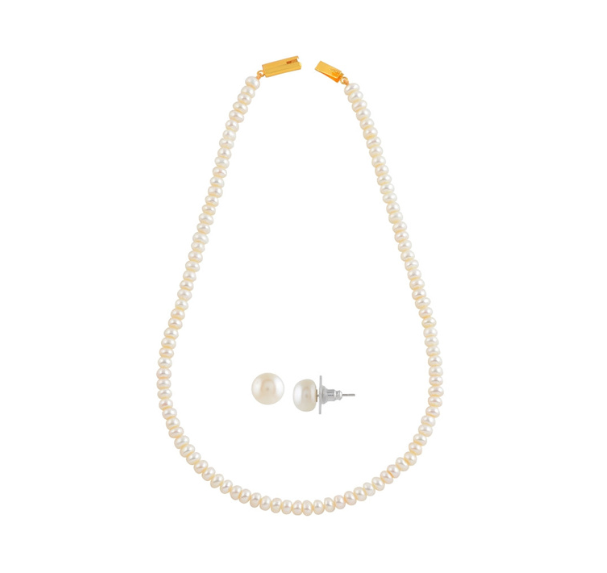 Elara Classic Pearl Set (White Freshwater Pearl Necklace with Matching Stud Earrings)