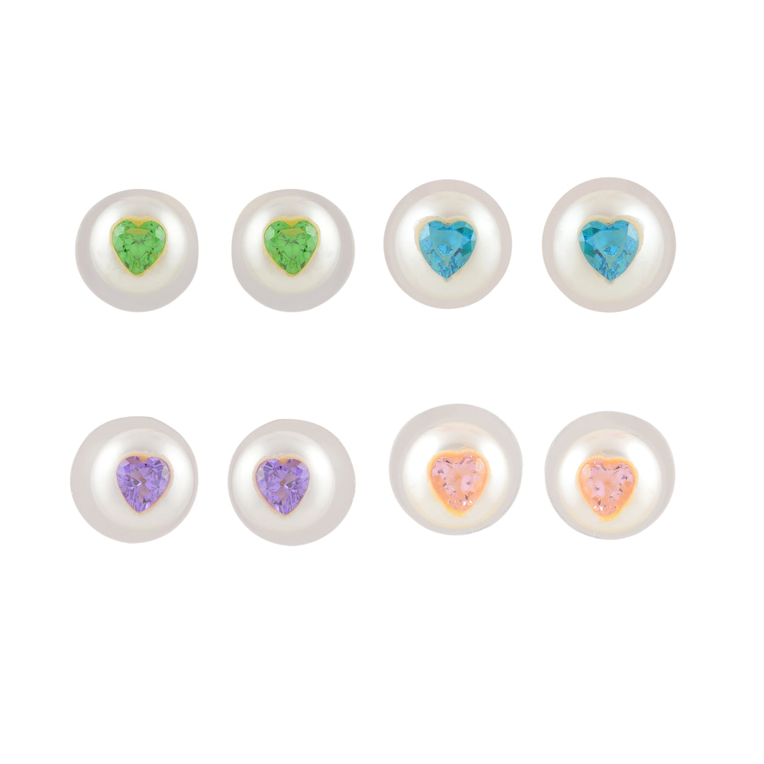 4-in-1 Heart Pearl Stud Earrings with CZ Buttons (Blue, Green, Pink & Lavender)