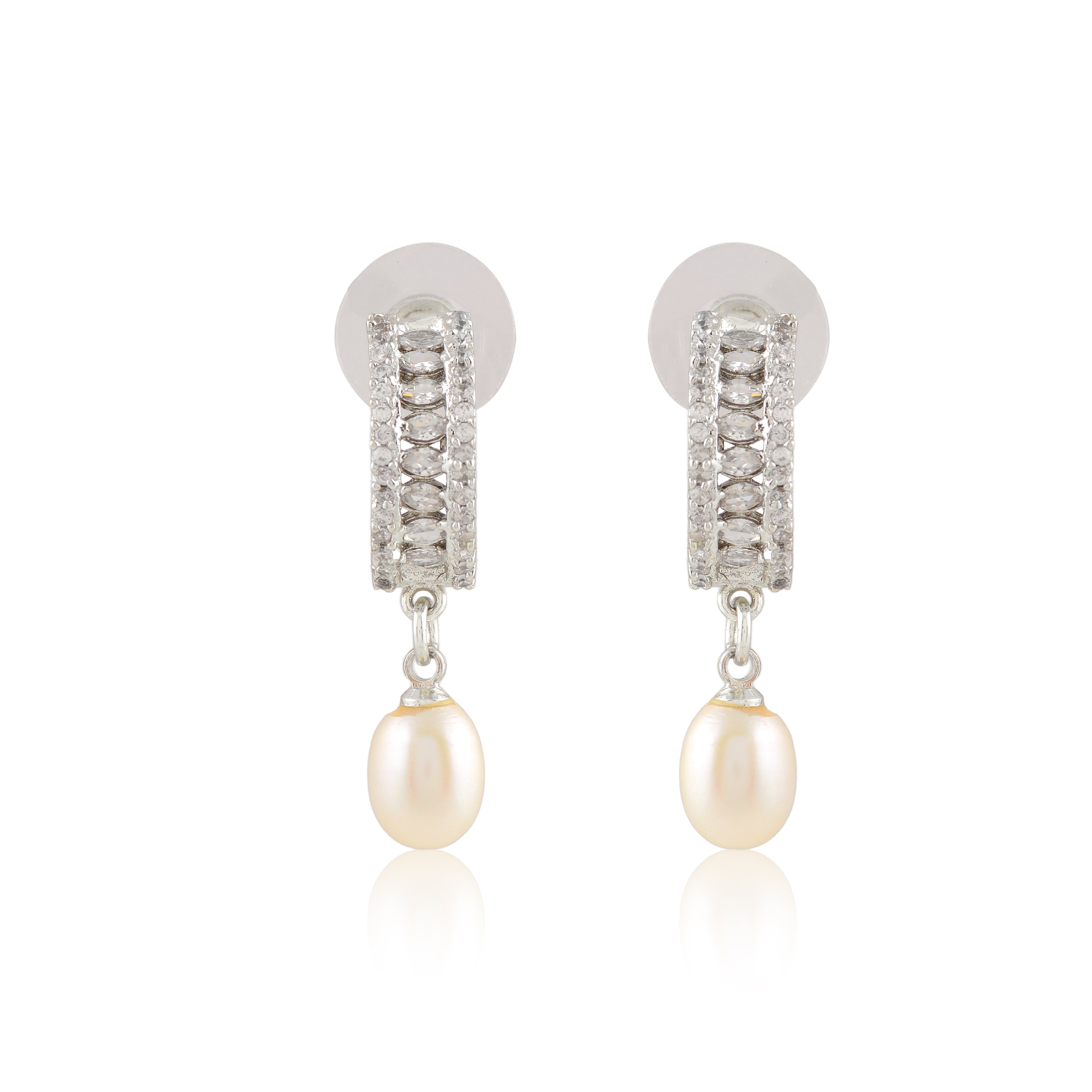Cluster CZ Pearl Drop Earrings (Freshwater Pearl Earrings with CZ Accents in Silver)