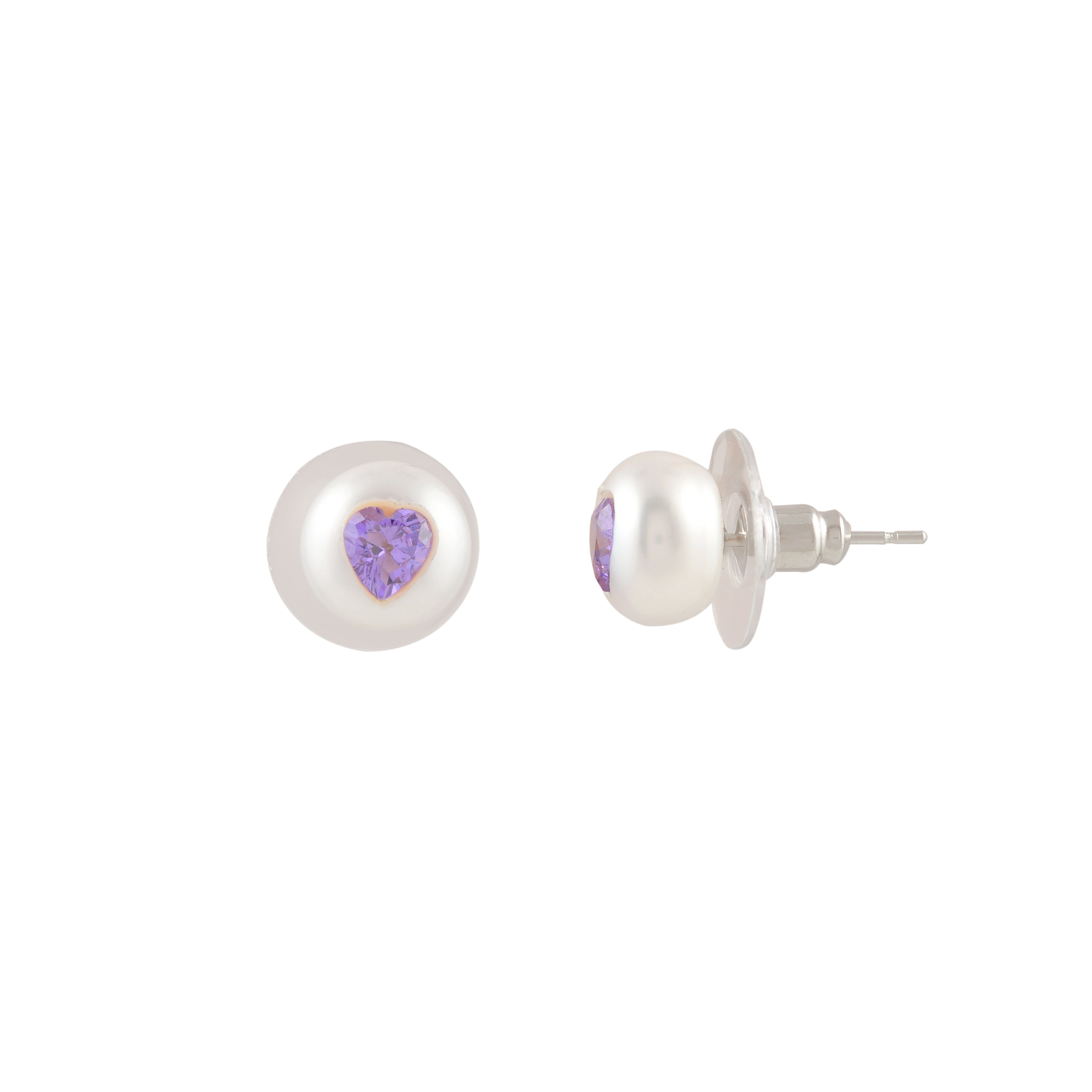 Lilac Heart Pearl studs ( Lavender Heart CZ Button Pearl Stud Earrings )
