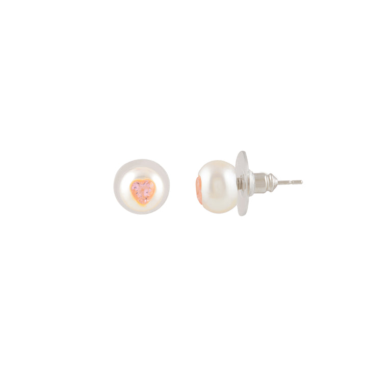 Blush Heart Pearl Studs ( Pink Heart CZ Button Pearl Stud Earrings )