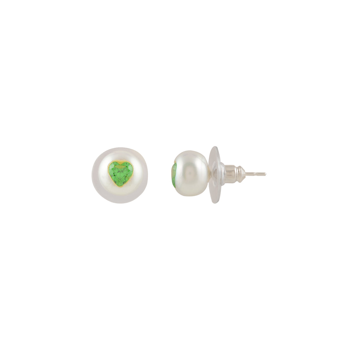 Jade Heart Pearl Studs ( Green Heart CZ Button Pearl Stud Earrings )