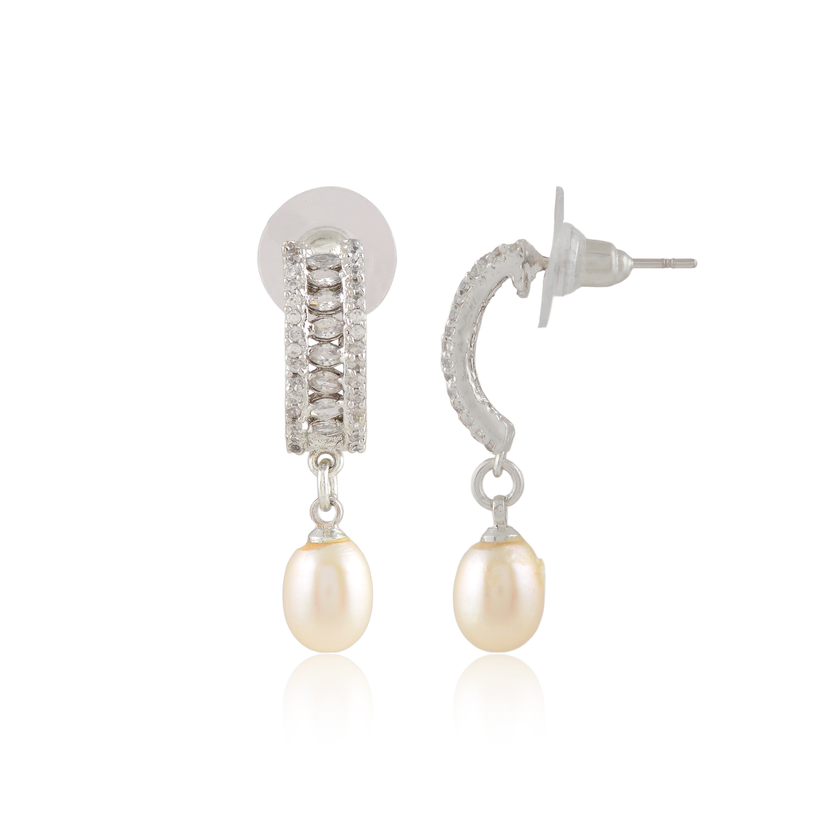 Cluster CZ Pearl Drop Earrings (Freshwater Pearl Earrings with CZ Accents in Silver)