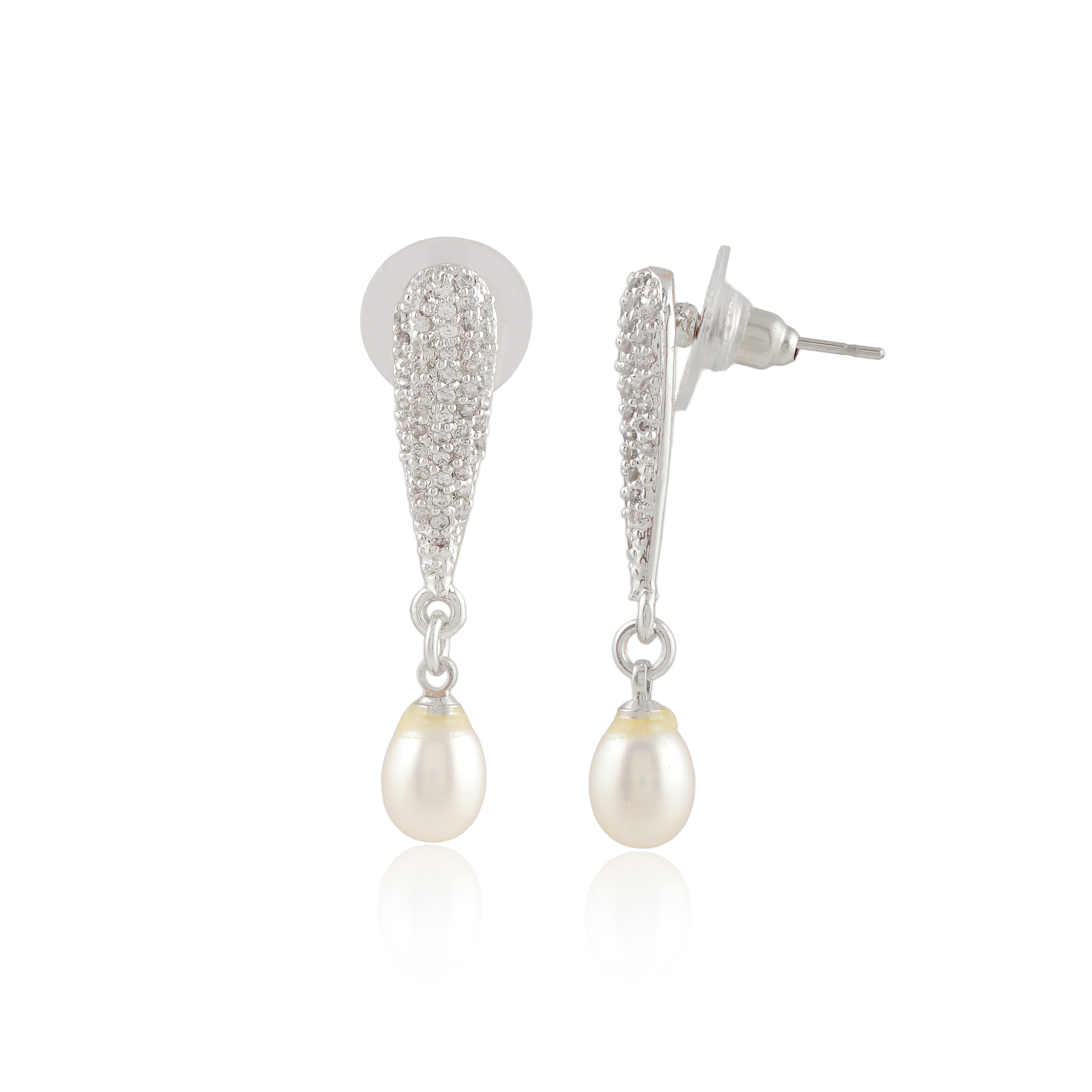 CZ Cascade Pearl Drop Earrings (Freshwater Pearl & CZ Drop Earrings in Silver)