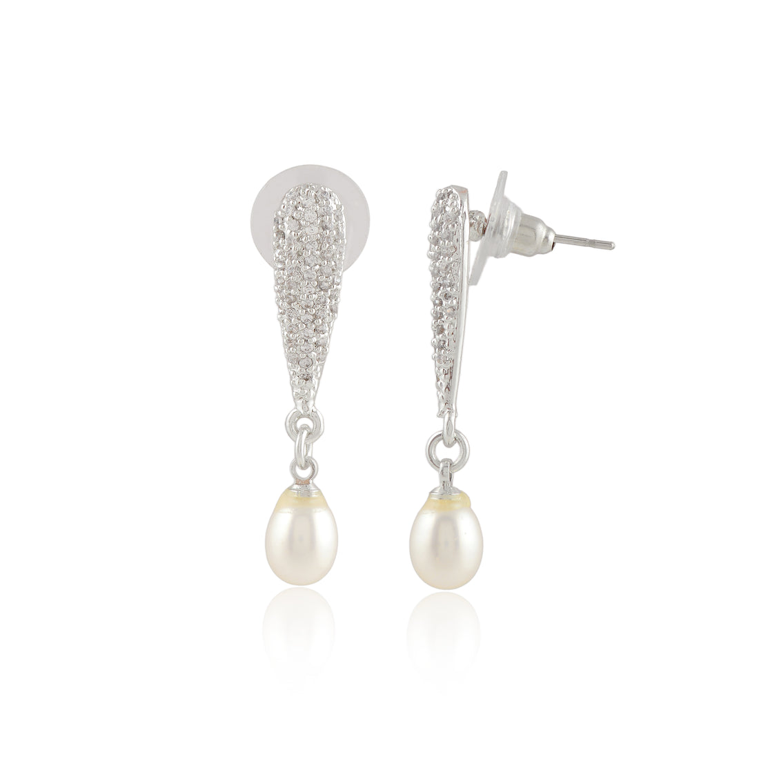 CZ Cascade Pearl Drop Earrings (Freshwater Pearl & CZ Drop Earrings in Silver)