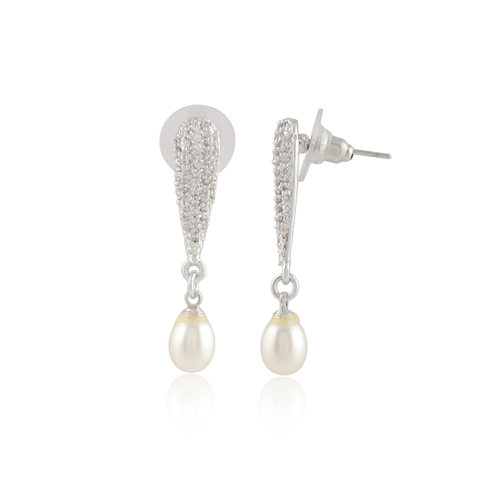 CZ Cascade Pearl Drop Earrings (Freshwater Pearl & CZ Drop Earrings in Silver)