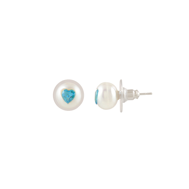 Misty Heart Pearl Studs ( Blue Heart CZ Button Pearl Stud Earrings )