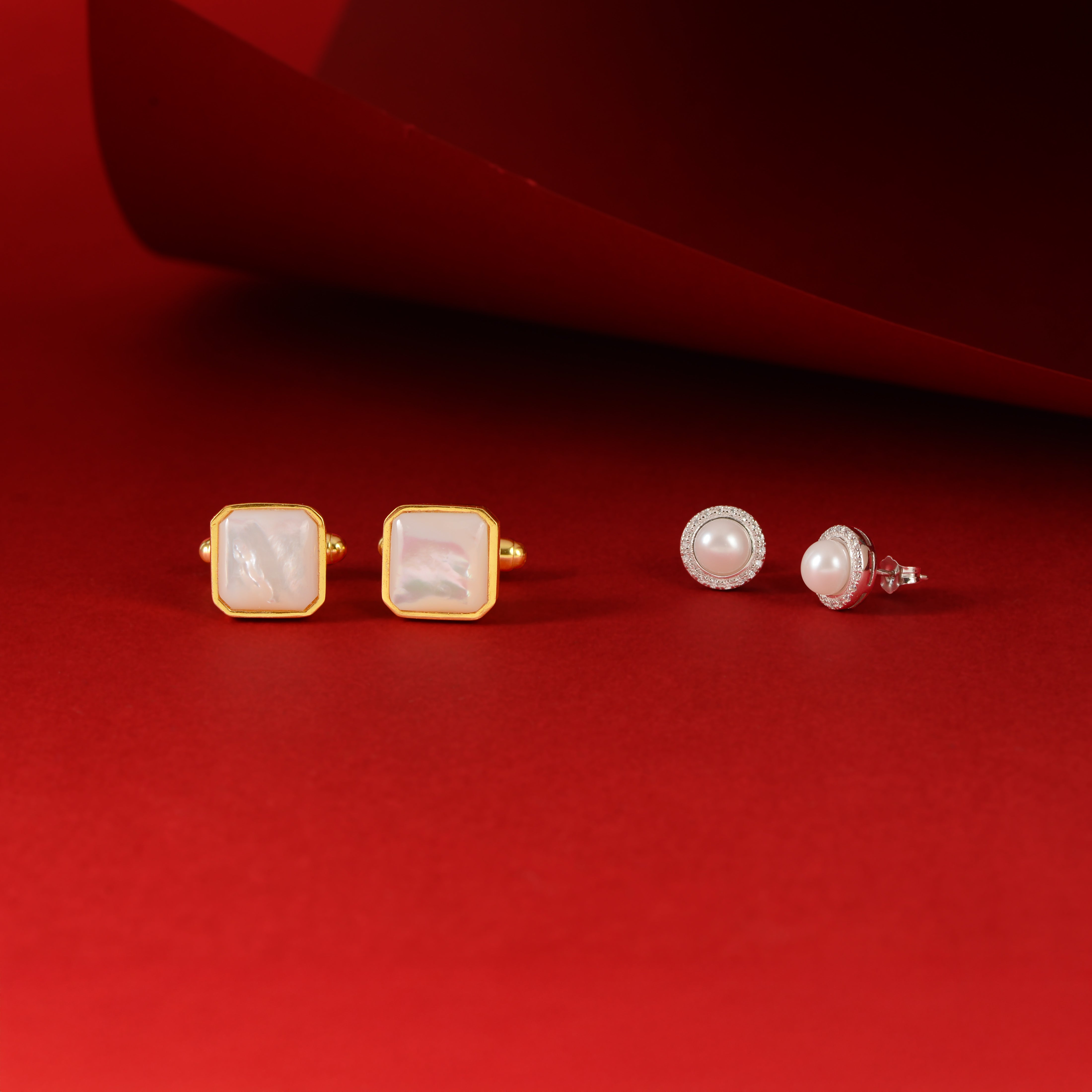 Pearl Emblem Gift Set Pearl Stud Earrings & Square Pearl Cufflinks