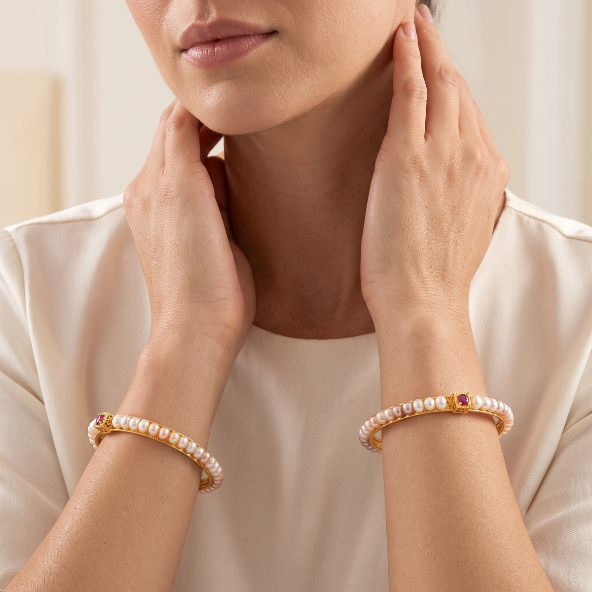 Pink and white pearl bangle