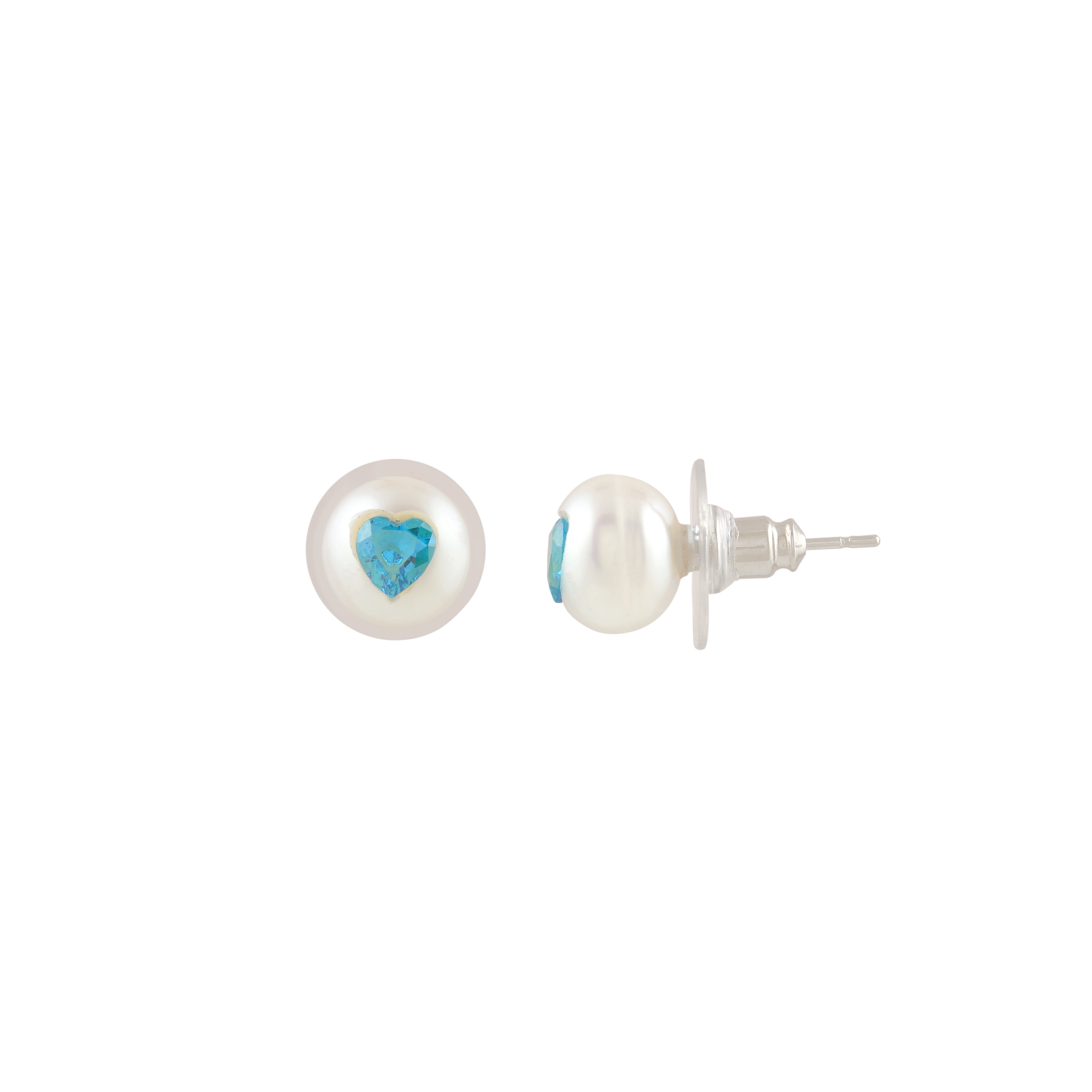 4-in-1 Heart Pearl Stud Earrings with CZ Buttons (Blue, Green, Pink & Lavender)