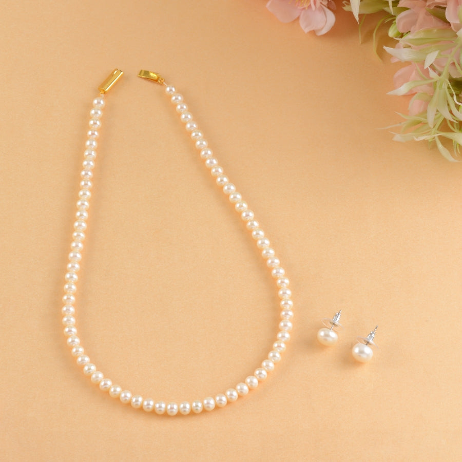 White Pearl Necklace with Matching Stud Earrings - Krishna Jewellers Pearls and Gems