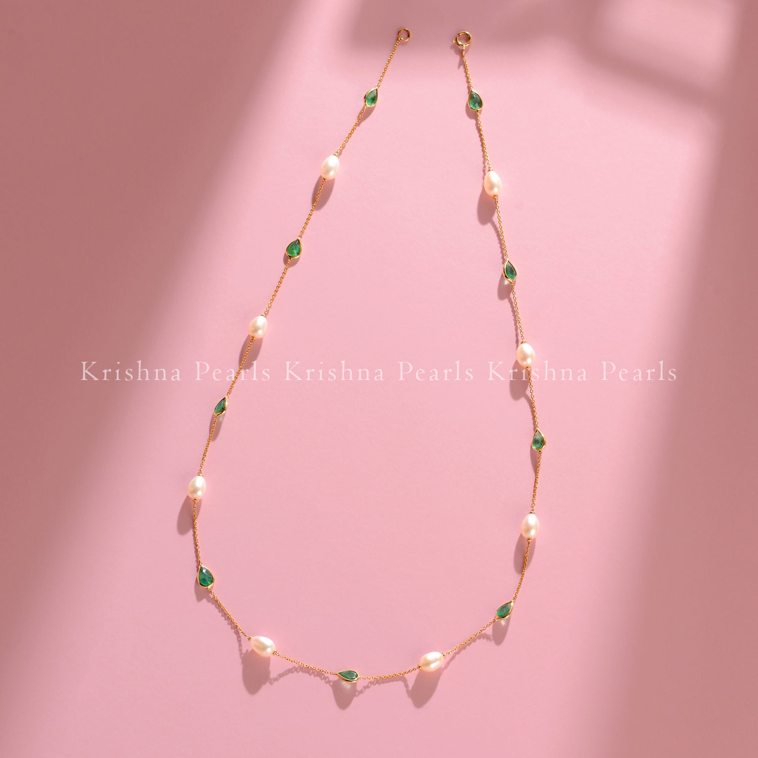 18K Gold Pearl and Green Stone Station Necklace