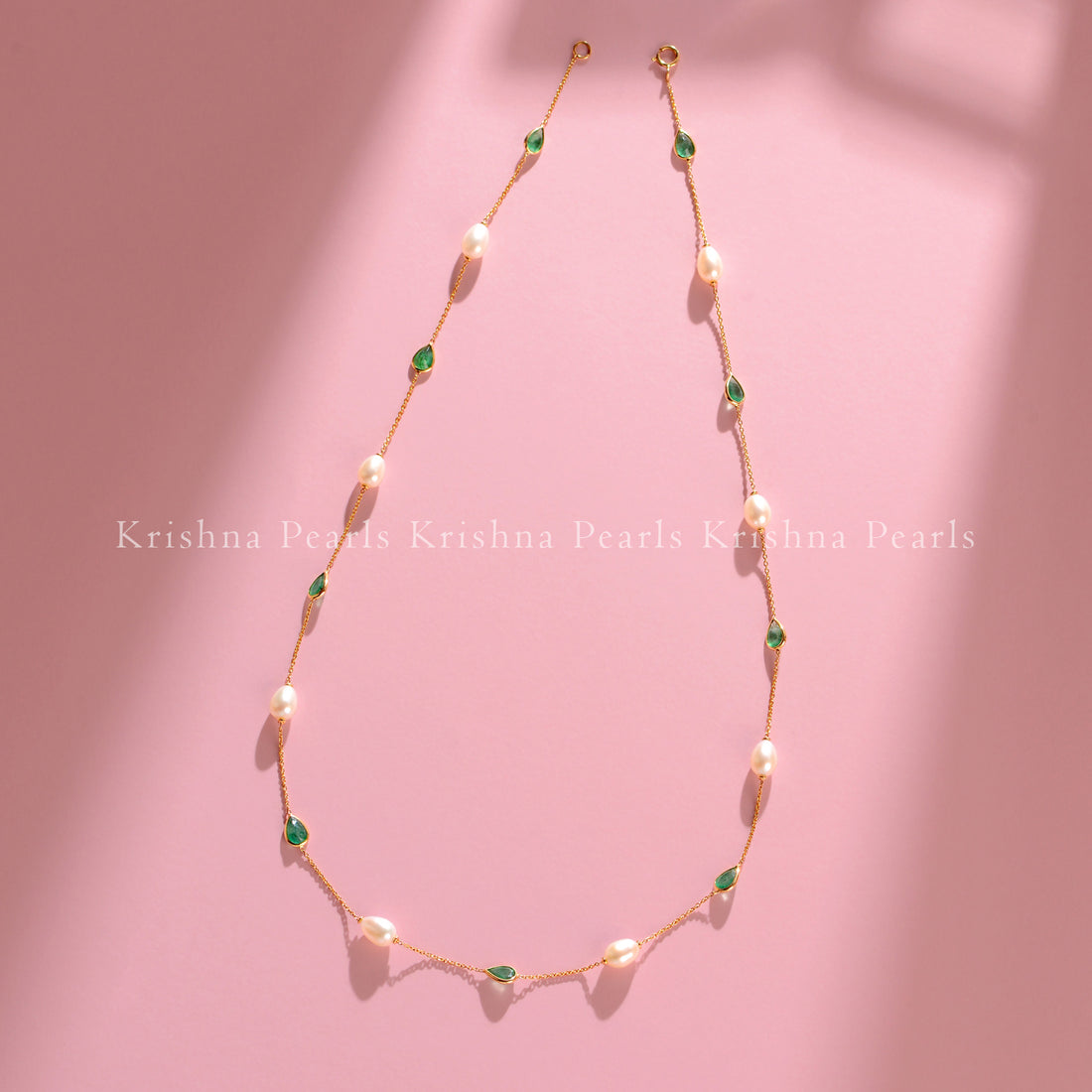 18K Gold Pearl and Green Stone Station Necklace