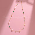 18K Gold Pearl and Green Stone Station Necklace