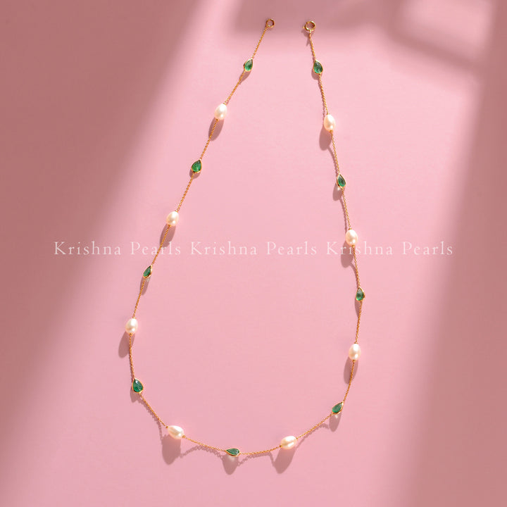 18K Gold Pearl and Green Stone Station Necklace