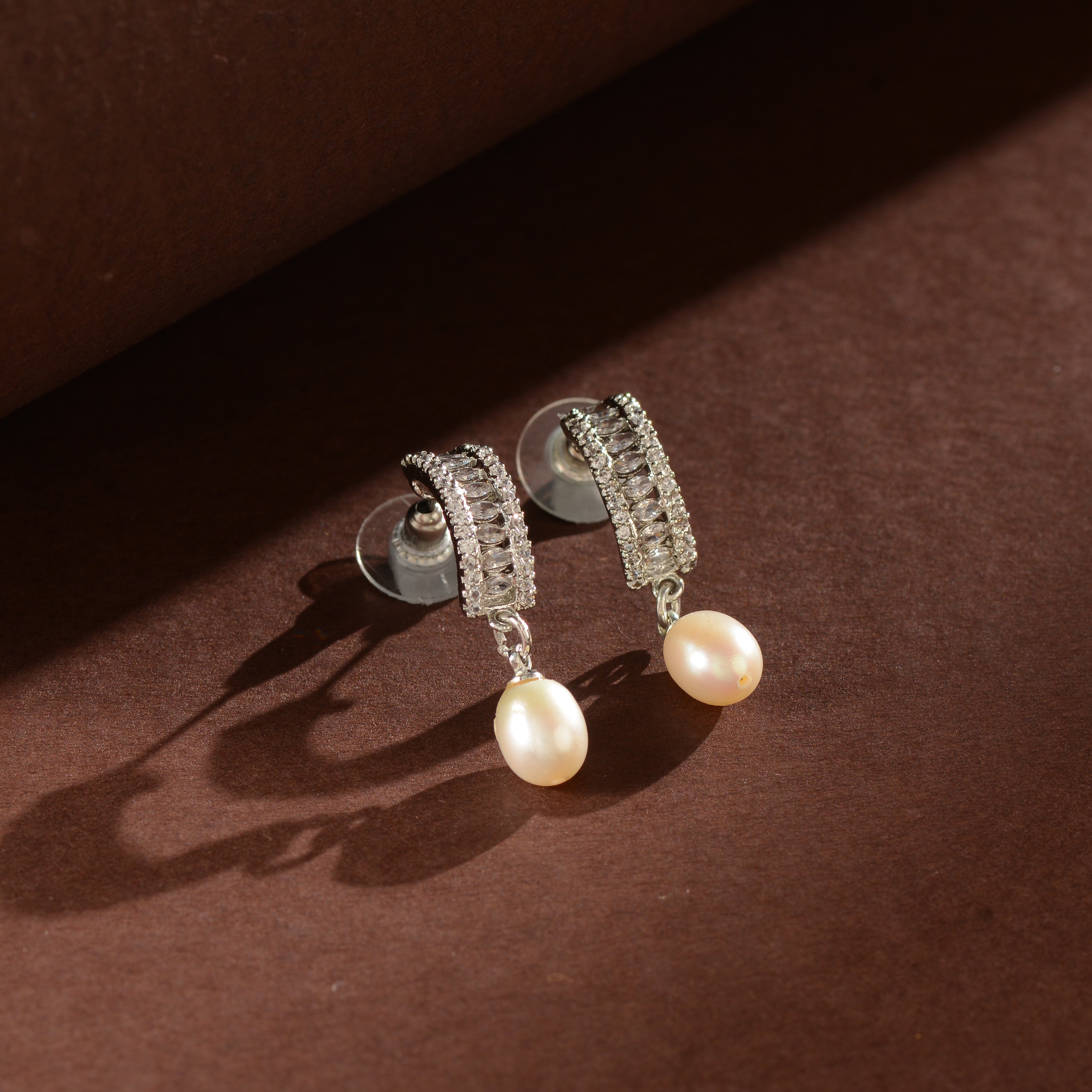 Cluster CZ Pearl Drop Earrings (Freshwater Pearl Earrings with CZ Accents in Silver)