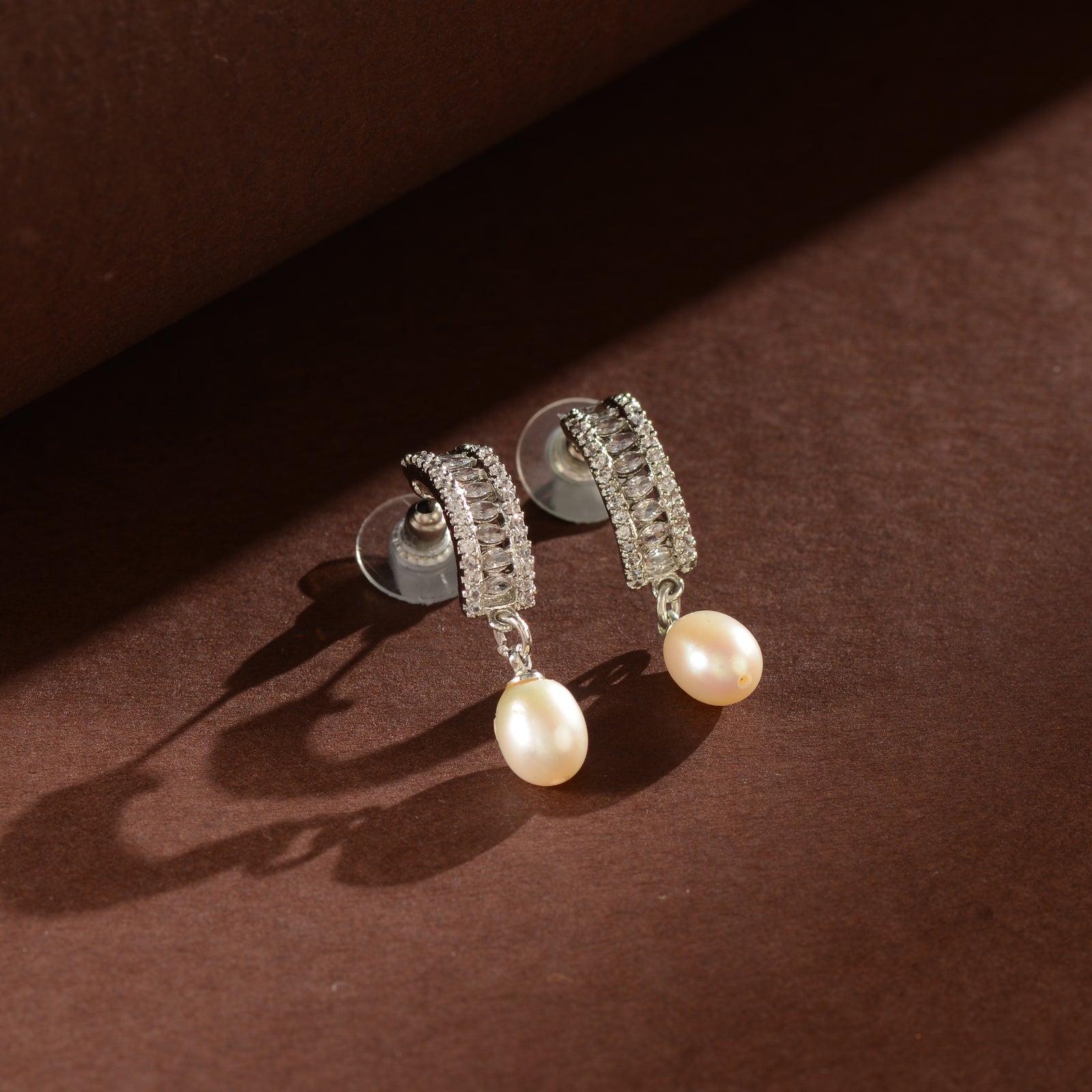 Cluster CZ Pearl Drop Earrings (Freshwater Pearl Earrings with CZ Accents in Silver)