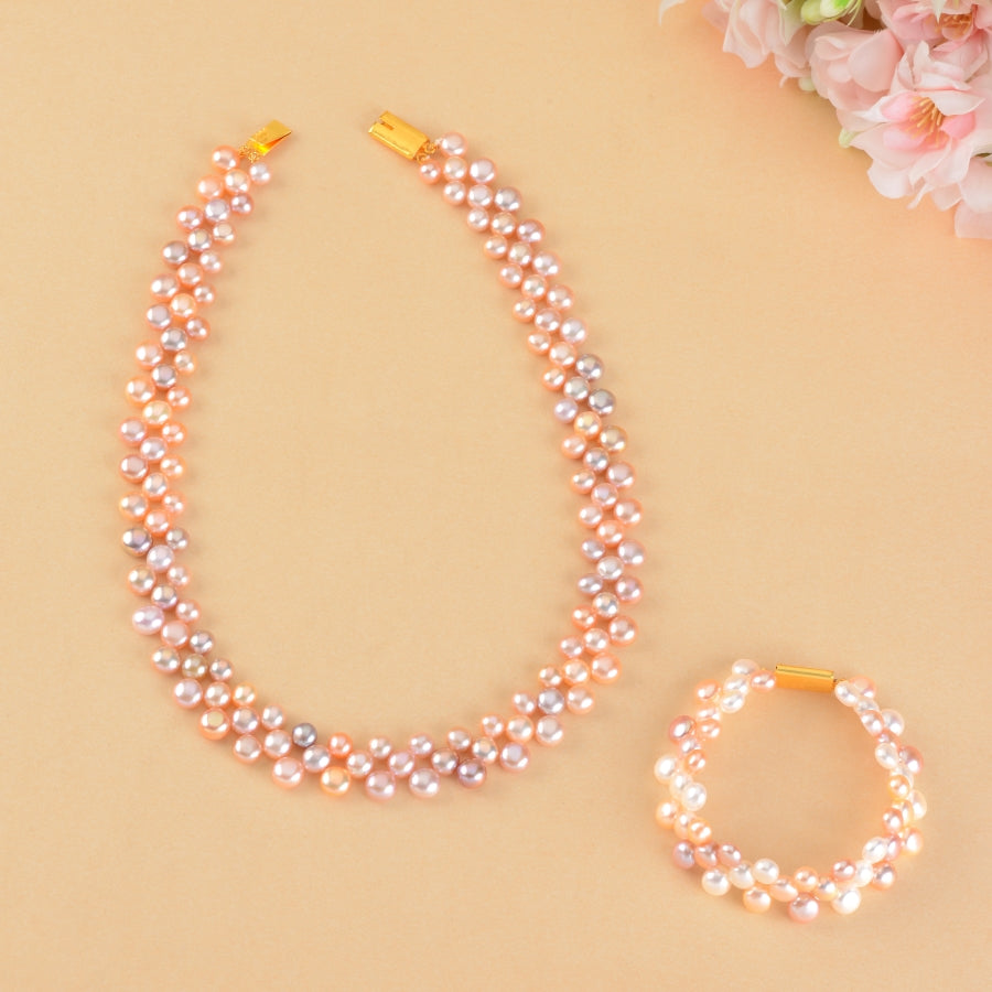 Multishade Pearl Necklace and Bracelet Set in Mesh Pattern - Krishna Jewellers Pearls and Gems