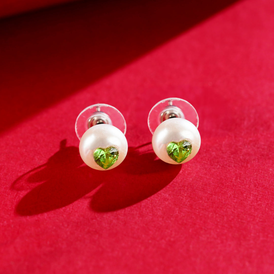 Jade Heart Pearl Studs ( Green Heart CZ Button Pearl Stud Earrings )