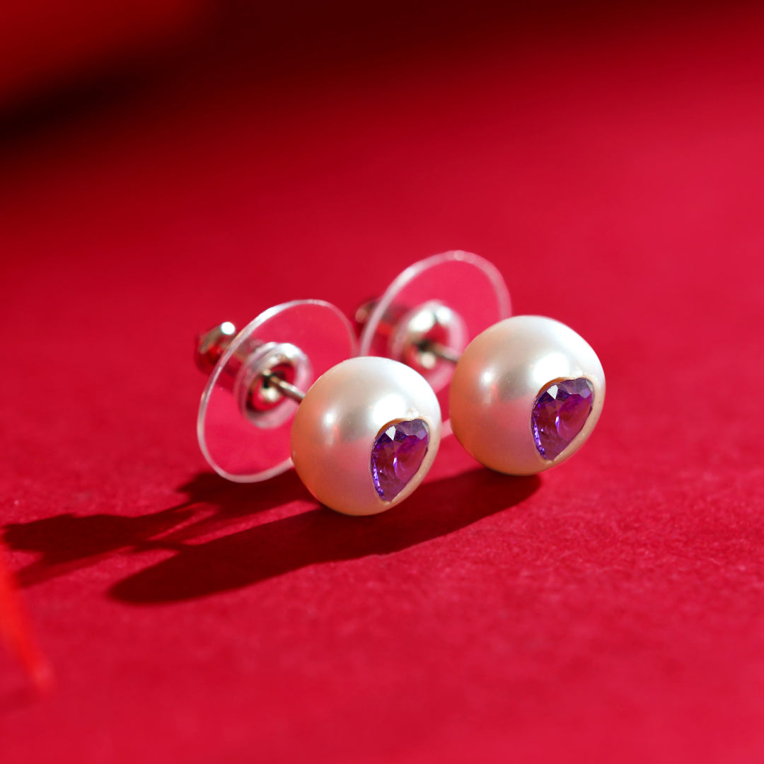 Lilac Heart Pearl studs ( Lavender Heart CZ Button Pearl Stud