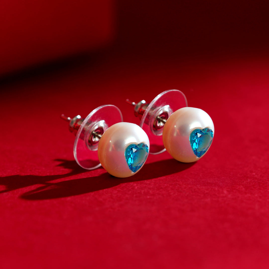 Misty Heart Pearl Studs ( Blue Heart CZ Button Pearl Stud Earrings )
