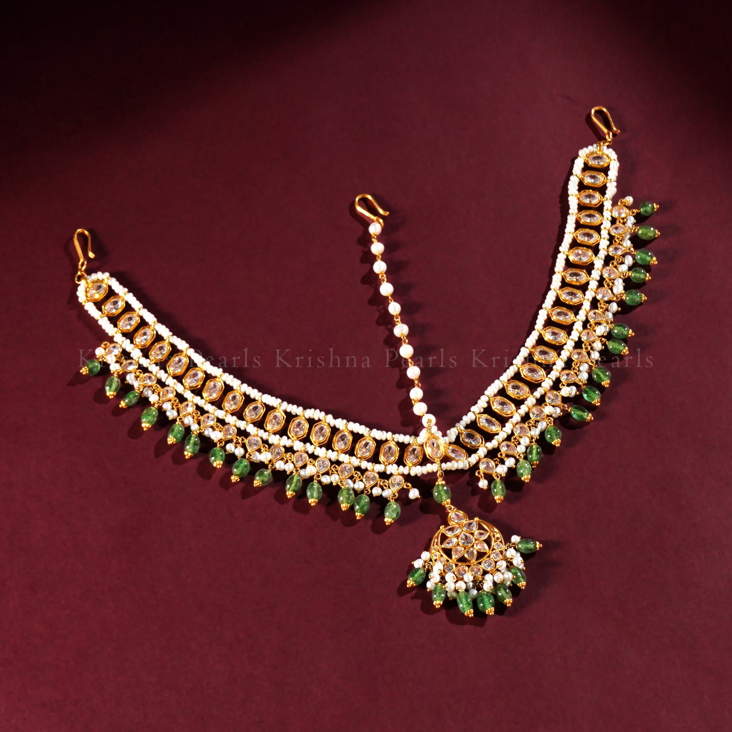 22K Gold Pearl Maatha Patti with CZ and Emerald Beads