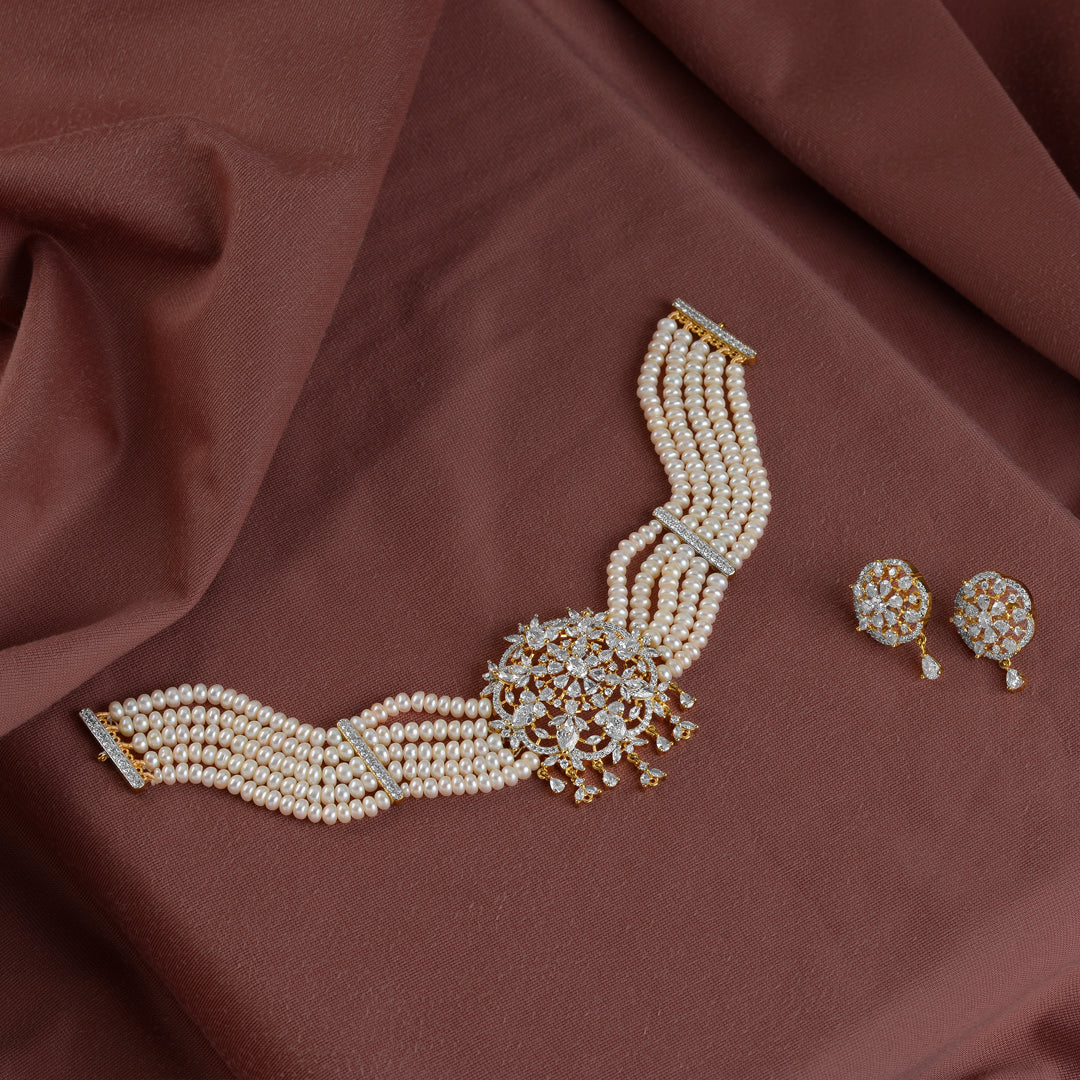 Stunning 5-Layered Button Pearl Choker and Earrings with White CZs - Krishna Jewellers Pearls and Gems