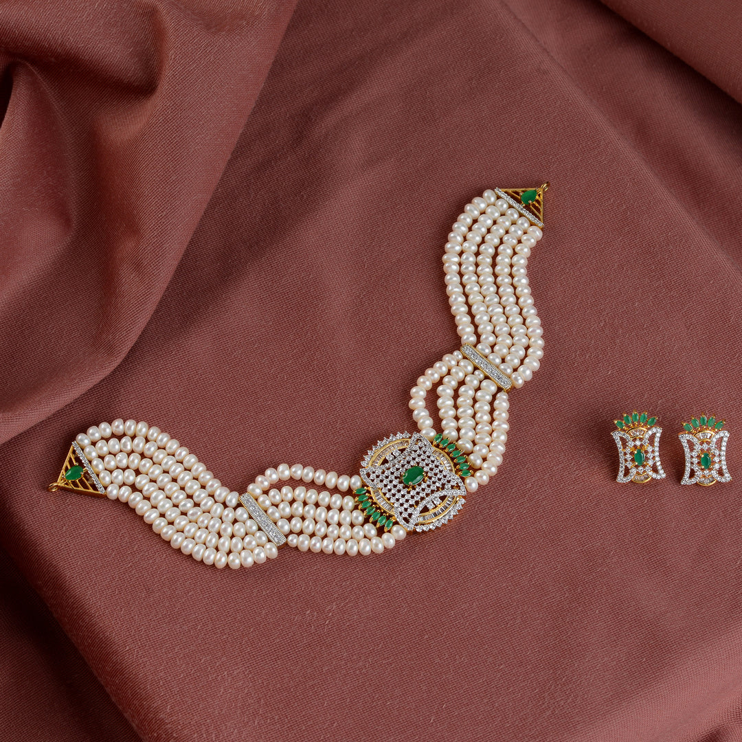 Exquisite Natural Pearl Choker Set with Emeralds and CZ Stones - Krishna Jewellers Pearls and Gems