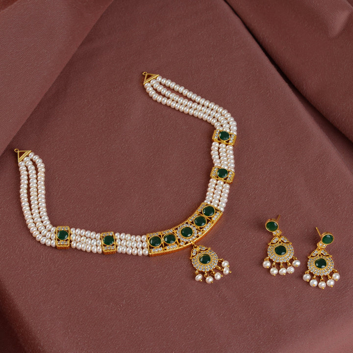 Elegant 3-Layered Pearl Necklace Set Adorned with Green Stones - Krishna Jewellers Pearls and Gems