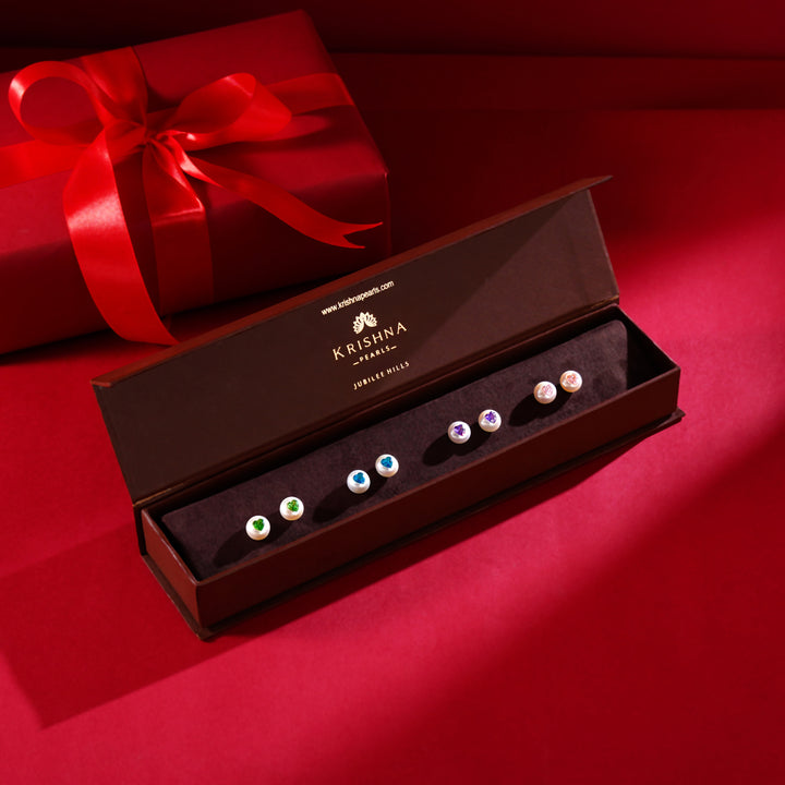 4-in-1 Heart Pearl Stud Earrings with CZ Buttons (Blue, Green, Pink & Lavender)