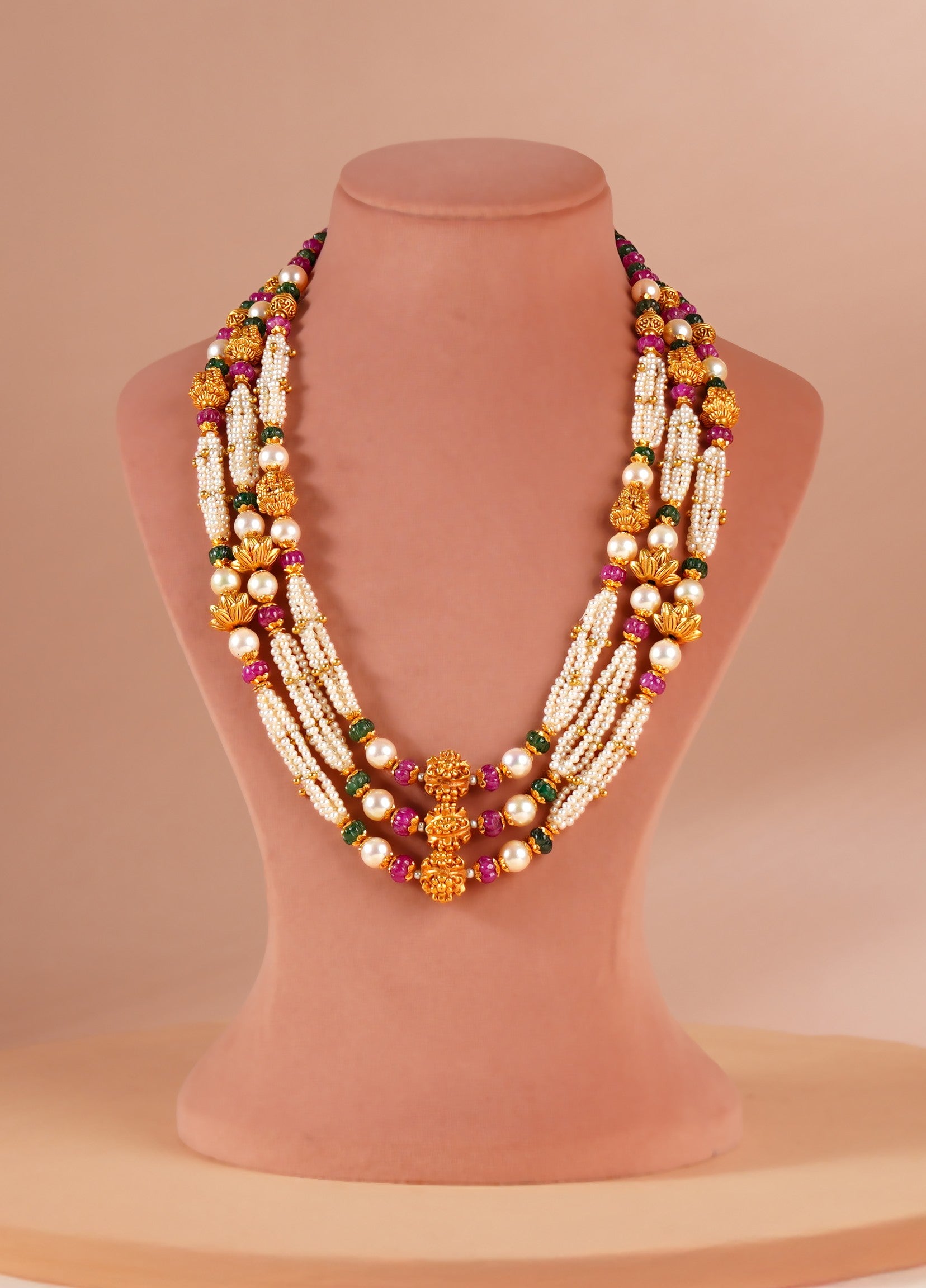 22K Gold Pearl Layered Haram with Ruby & Emerald Beads