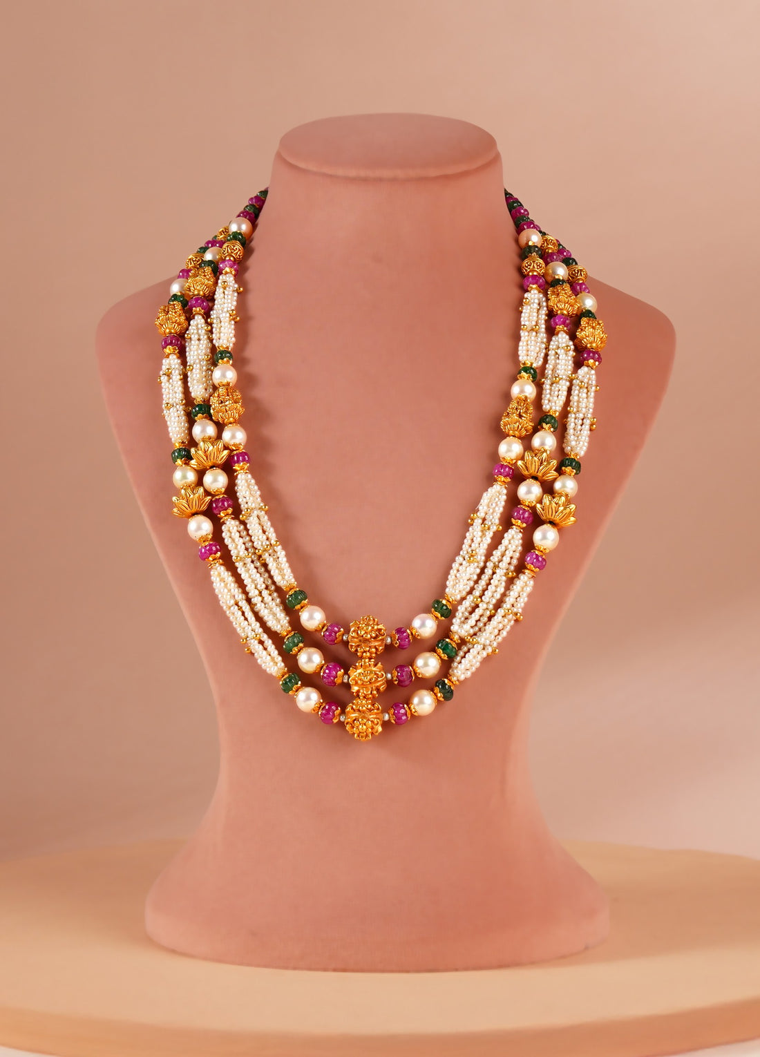 22K Gold Pearl Layered Haram with Ruby & Emerald Beads