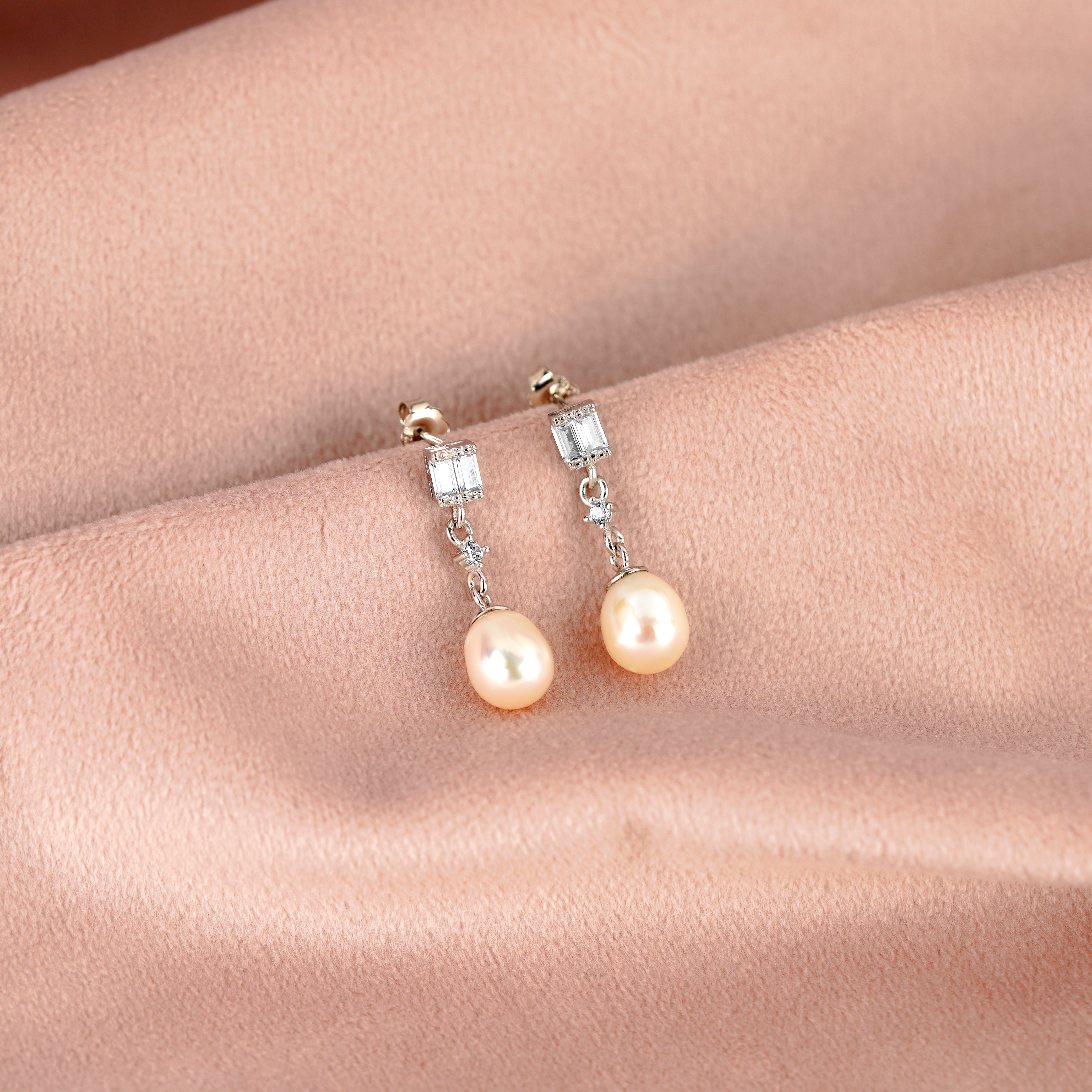 CZ Hanging Pearl Stud Earrings - Krishna Jewellers Pearls and Gems