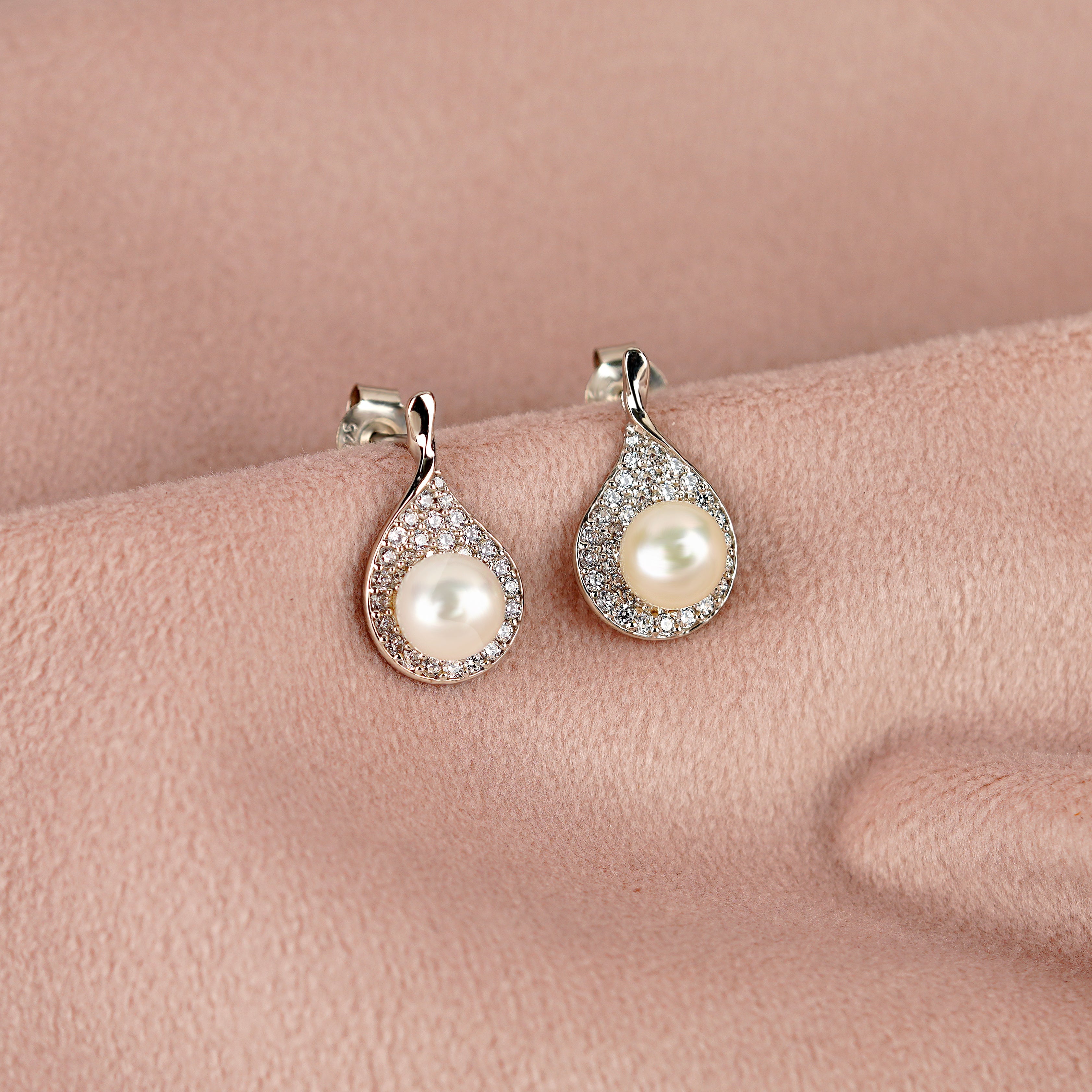 Sparkling Silver Pearl Stud Earrings - Krishna Jewellers Pearls and Gems