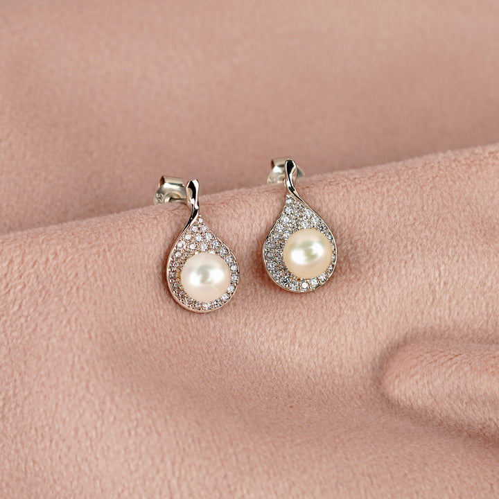 Sparkling Silver Pearl Stud Earrings - Krishna Jewellers Pearls and Gems