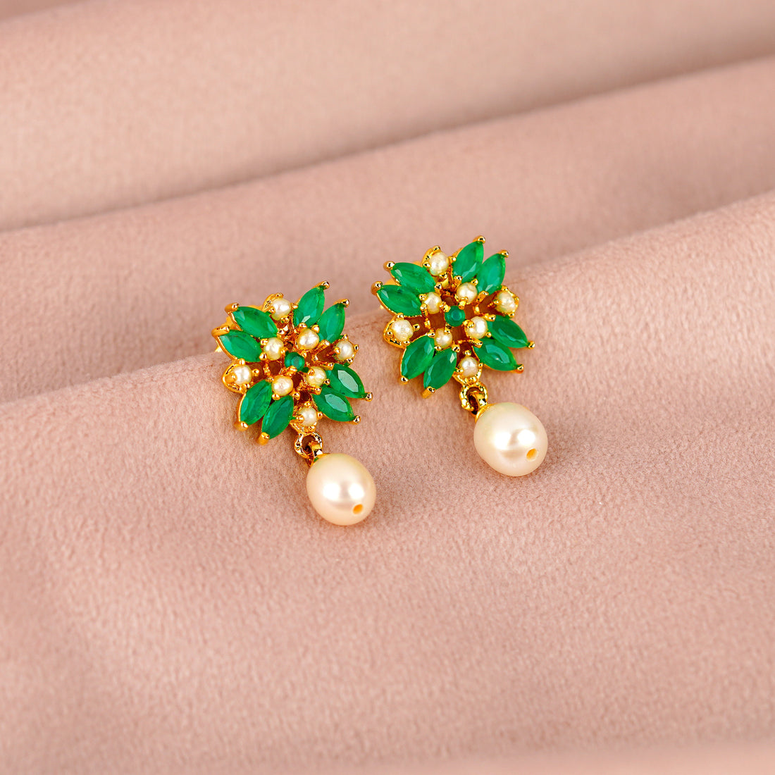 Green Floral Pearl Earrings - Krishna Jewellers Pearls and Gems